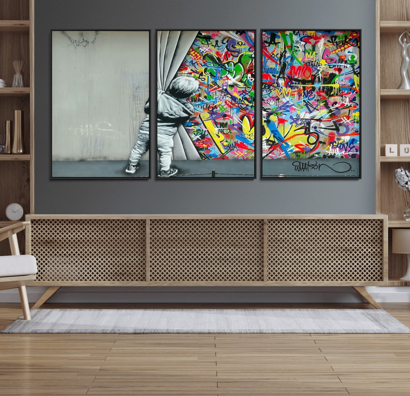 51713-MGV-CV-36X24-Banksy Colorful Street Graffiti Canvas Wall Art Print, Modern Art Triptych, Child and Graffiti Wall,