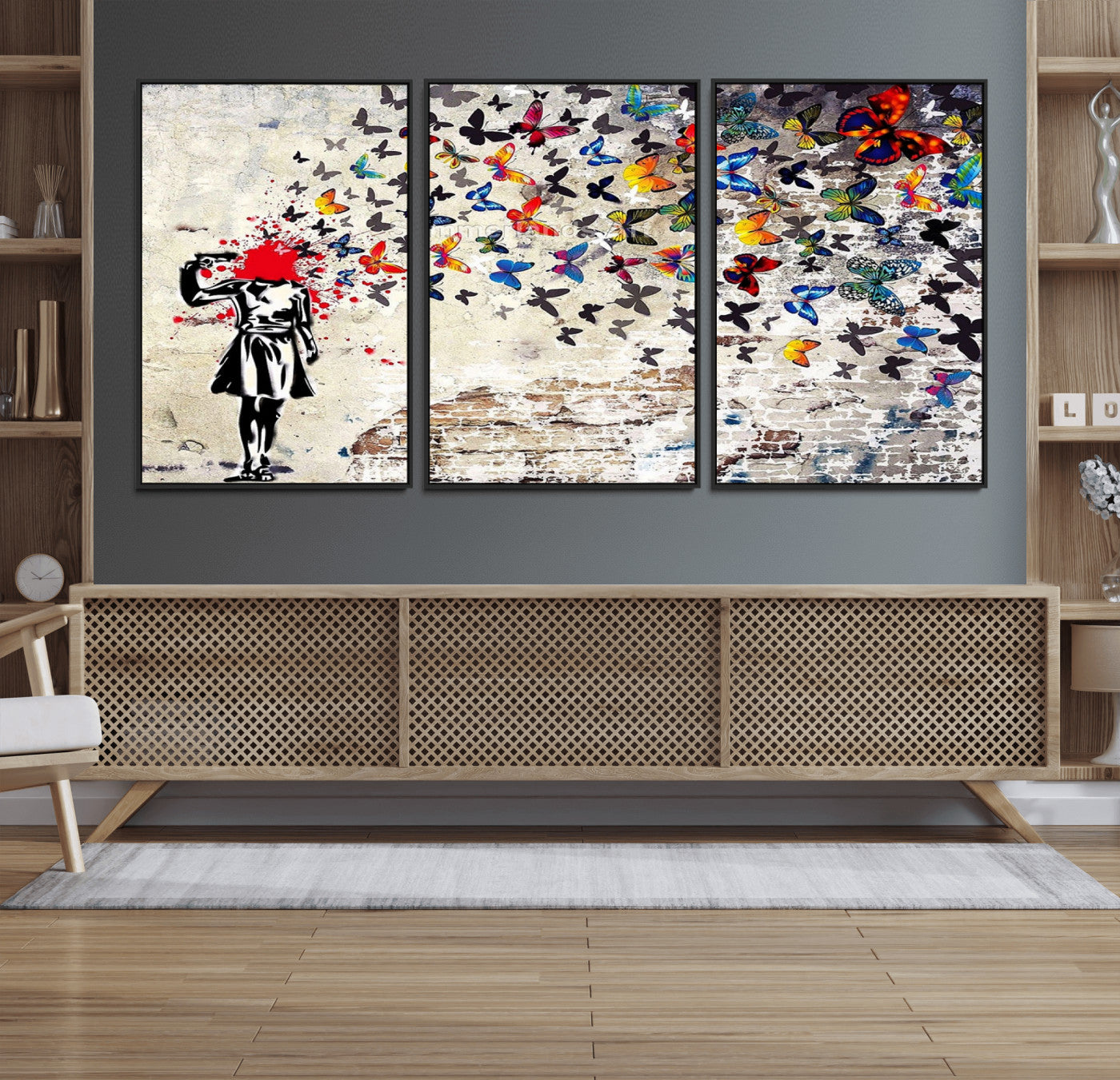 88654-MGV-FC-60X30-3P_Black-Banksy Art Butterfly Girl Explosion Canvas Art – Vibrant Urban Graffiti for Modern Interiors - Ready
