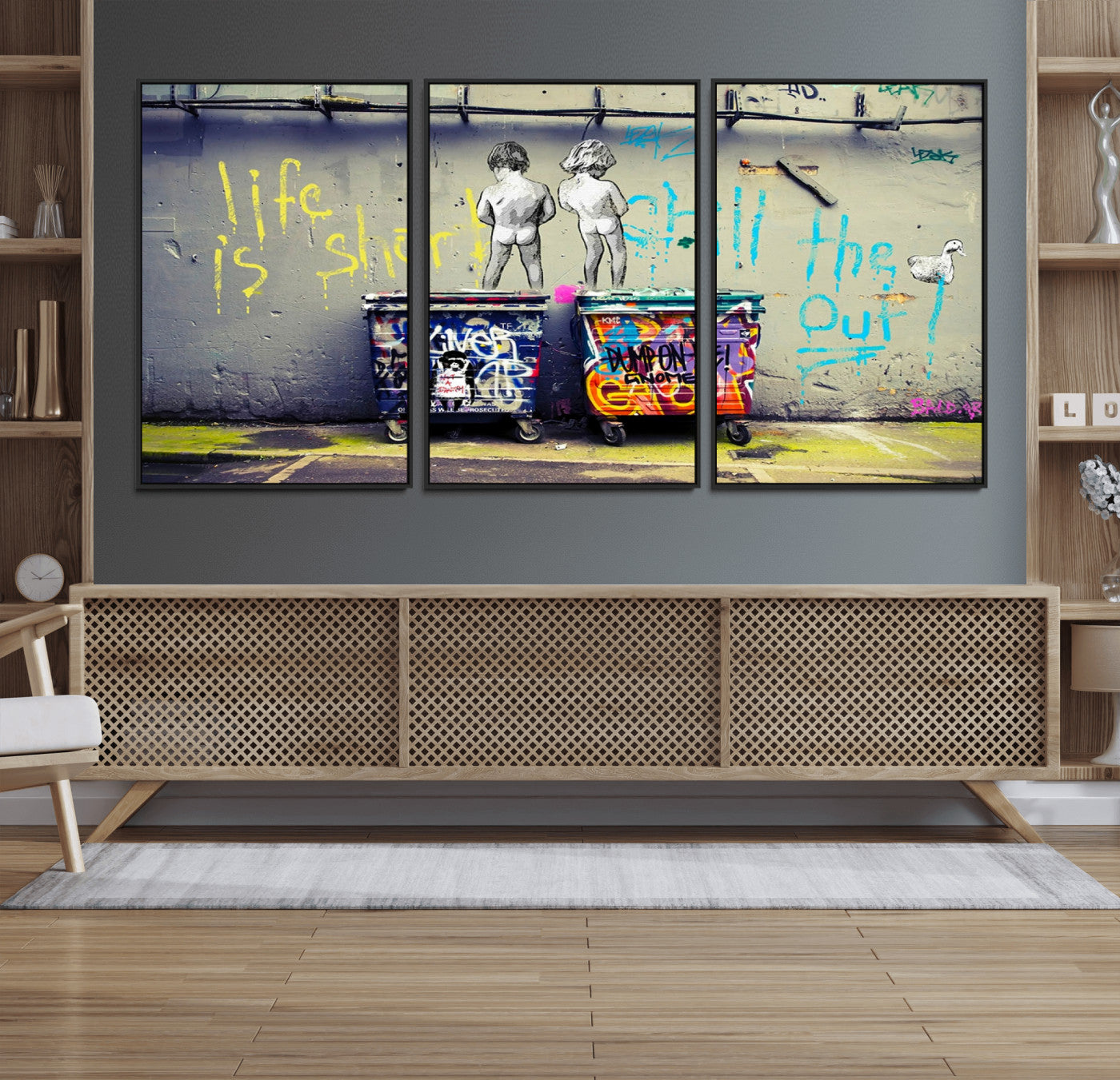 MGV-FC-60X30-3P - Banksy Life is Short Wall Art - Iconic Graffiti Art on Framed Ready-to-Hang Canvas - Street Art