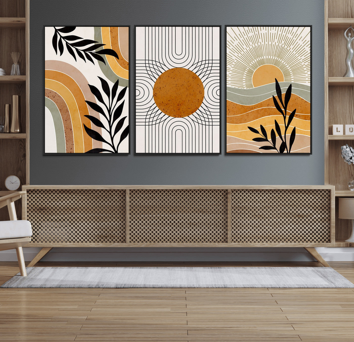 54028-MGV-FC-60X30-3P_Black-Modern Boho Sun and Leaf Abstract Art – 3-Panel Giclée Canvas for Mid-Century Modern or Bohemian