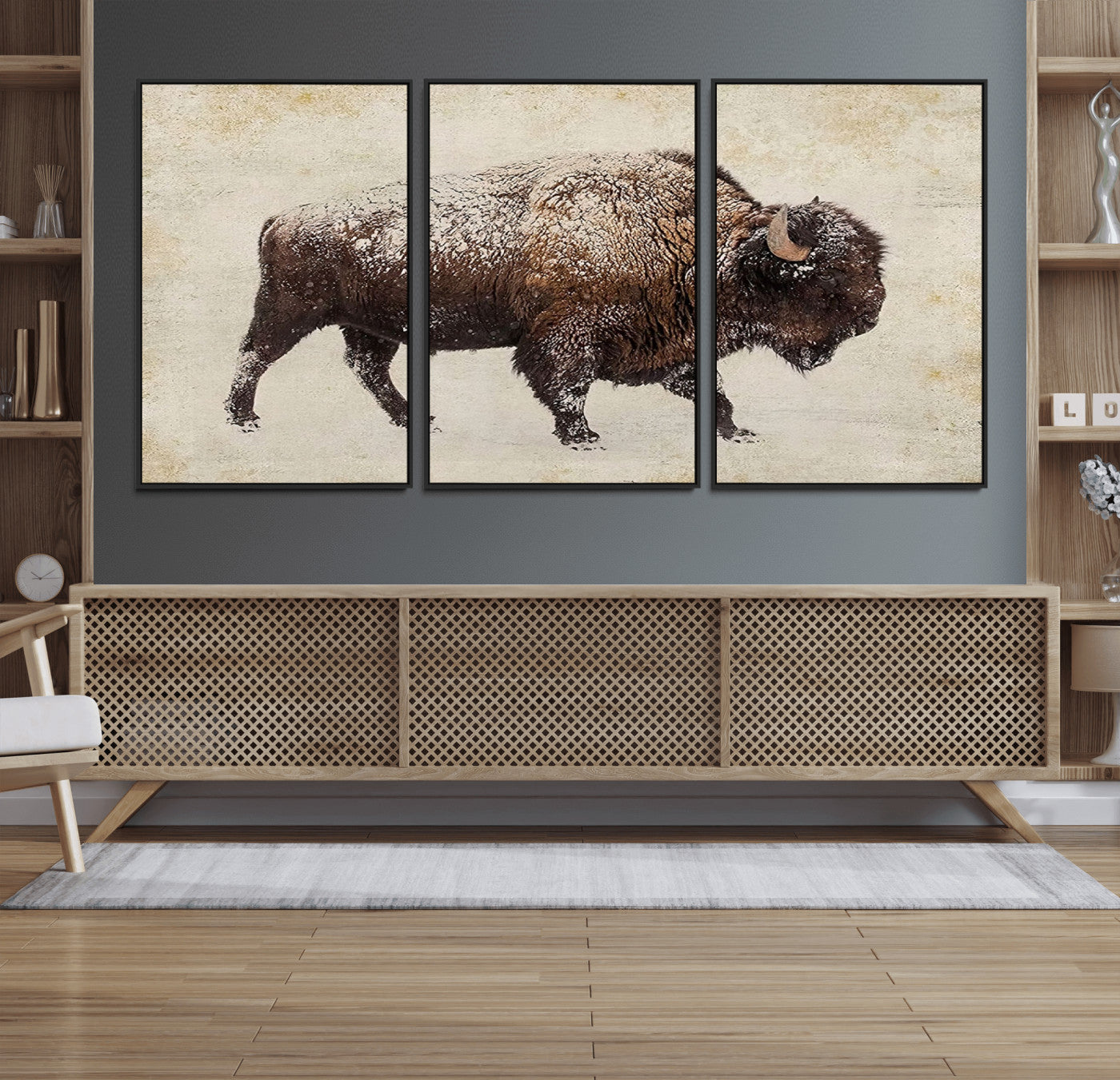 MGV-FC-60X30-3P - Buffalo Wall Art, Western Bison Canvas Print, Rustic Buffalo Art for Cowboy Western Decor, Large Multi-Panel Giclee Canvas for Farmhouse Wall Decor