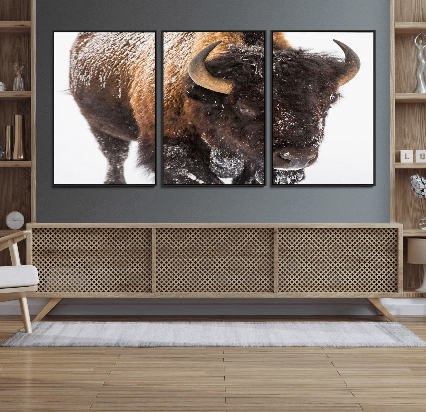 65605-MGV-FC-60X30-3P_Black-Bison Wall Art Canvas Print For Farmhouse, Wild Animal Wall Art, Framed Wild Bison Wall Art