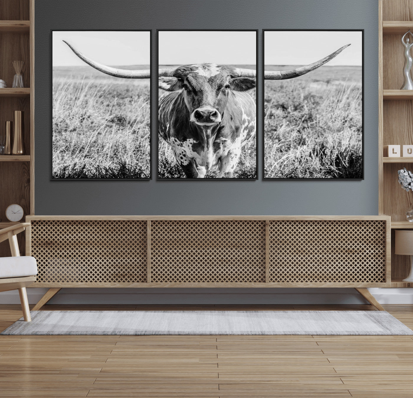 MGV-FC-60X30-3P - Texas Cow Longhorn Wall Art Canvas Print for Farm House Wall Decor, Farmhouse Wall Art Print