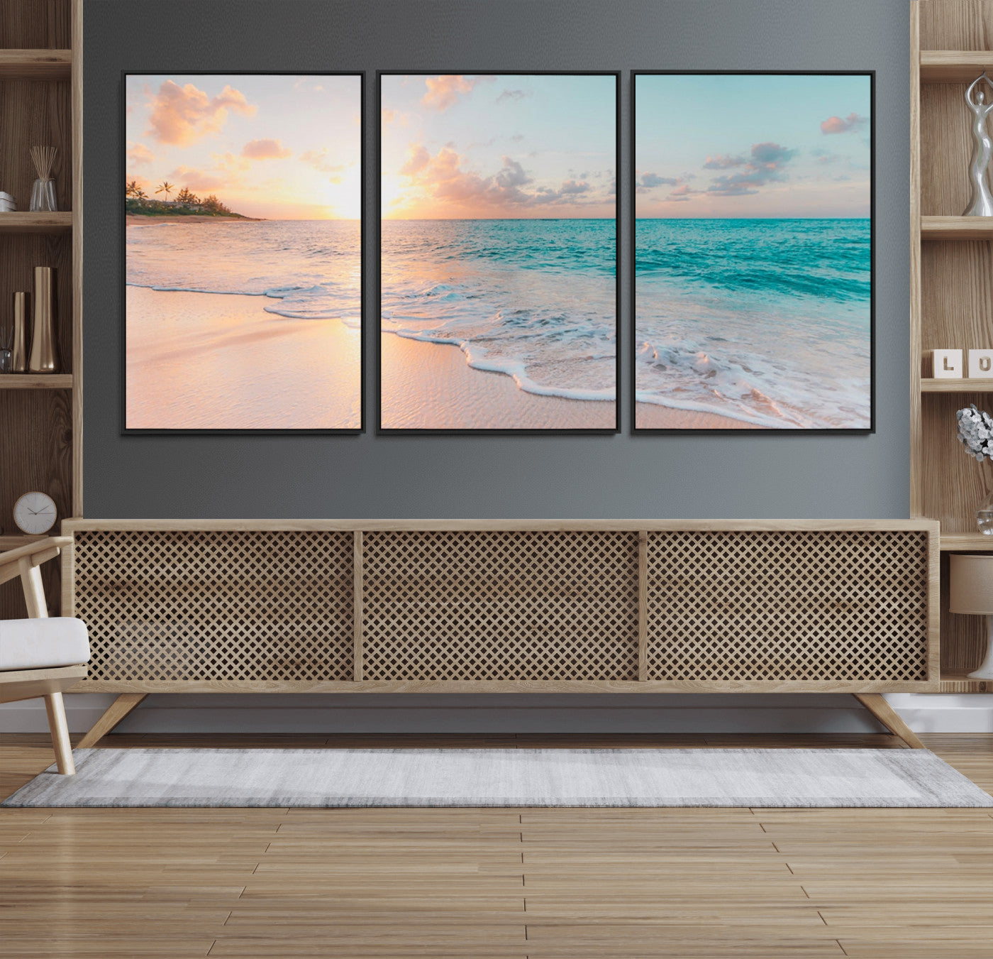 MGV-FC-60X30-3P - Beach Sunrise Wall Art, Coastal Seascape Canvas Print, Ocean Wave Multi-Panel Giclee, Coastal Sunset