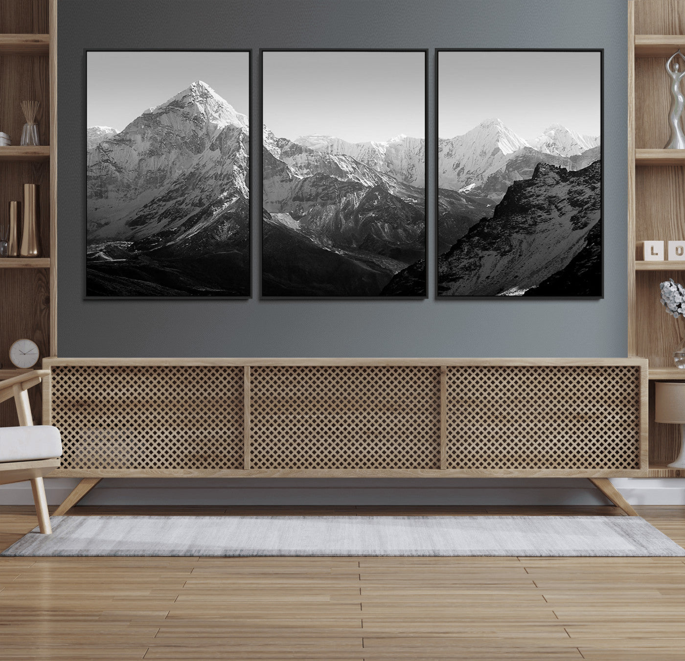 MGV-FC-60X30-3P - Everest Himalaya Mountain Peaks Black & White Triptych Canvas Art – Mountain Wall Decor, Everest