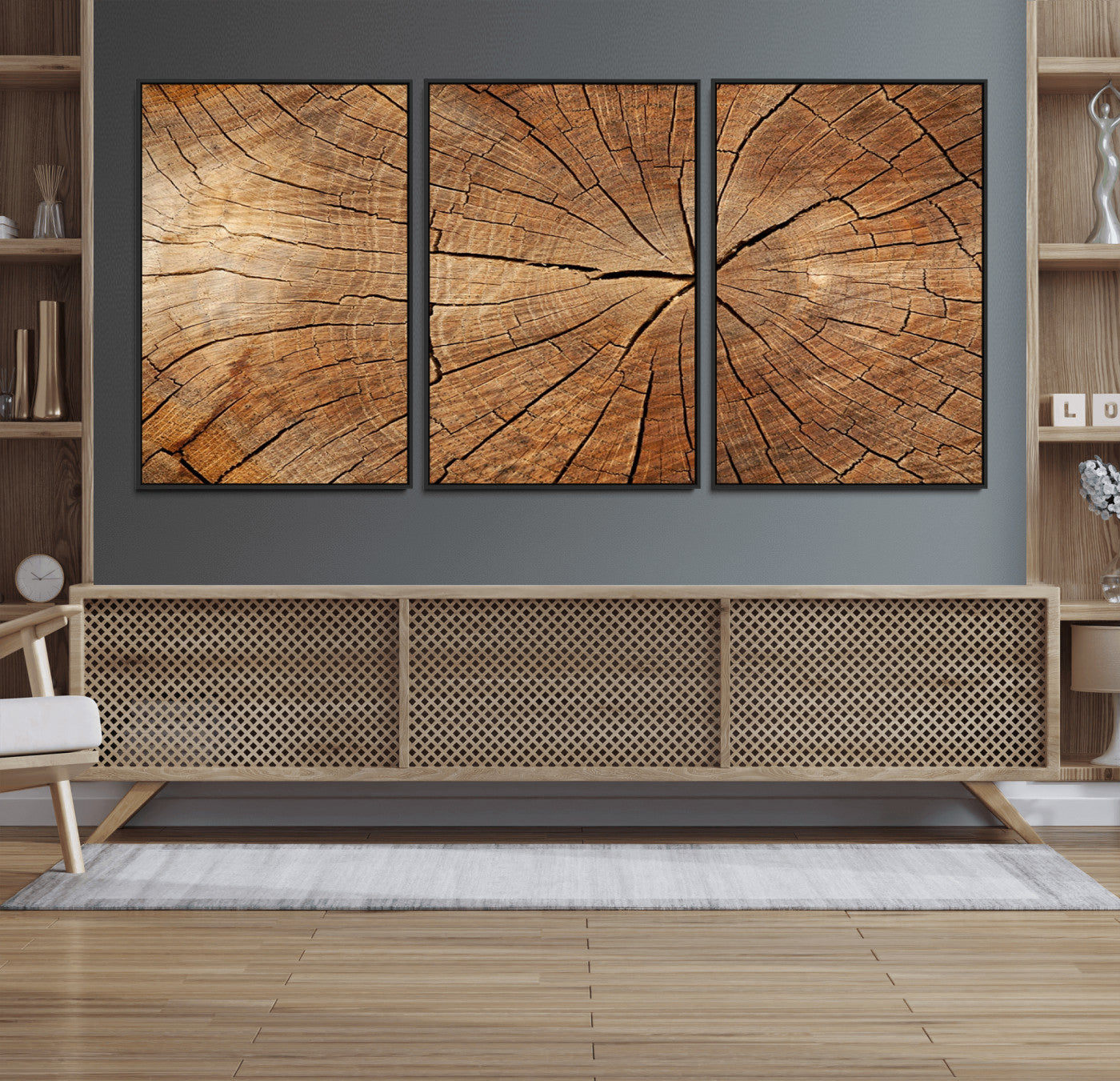 61710-MGV-FC-60X30-3P_Black-Tree Ring Canvas Art, Rustic Wood Grain Wall Art, Tree Slice Decor for Modern Homes, Giclee