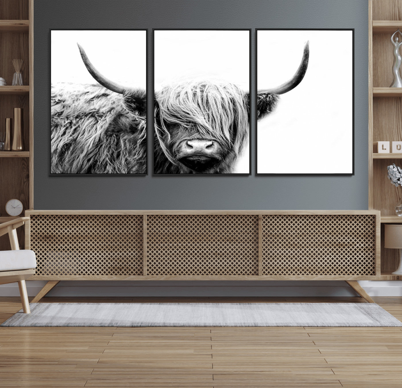 51957-MGV-FC-60X30-3P_Black-Black White Scottish Highland Cow Cattle Art Print Farmhouse Wall Art Canvas Print