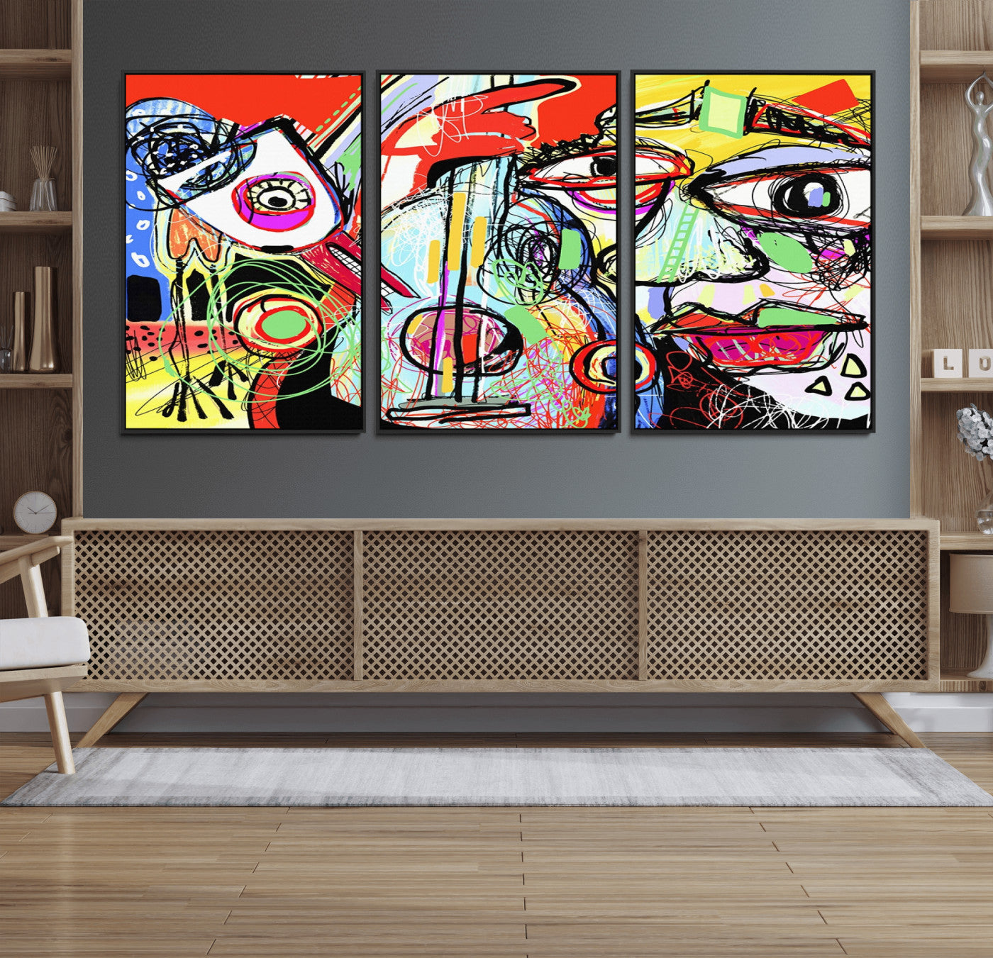 37796-MGV-FC-60X30-3P_Black-Picasso Style Art Abstract Canvas Wall Art Print , Colorful Abstract Artwork