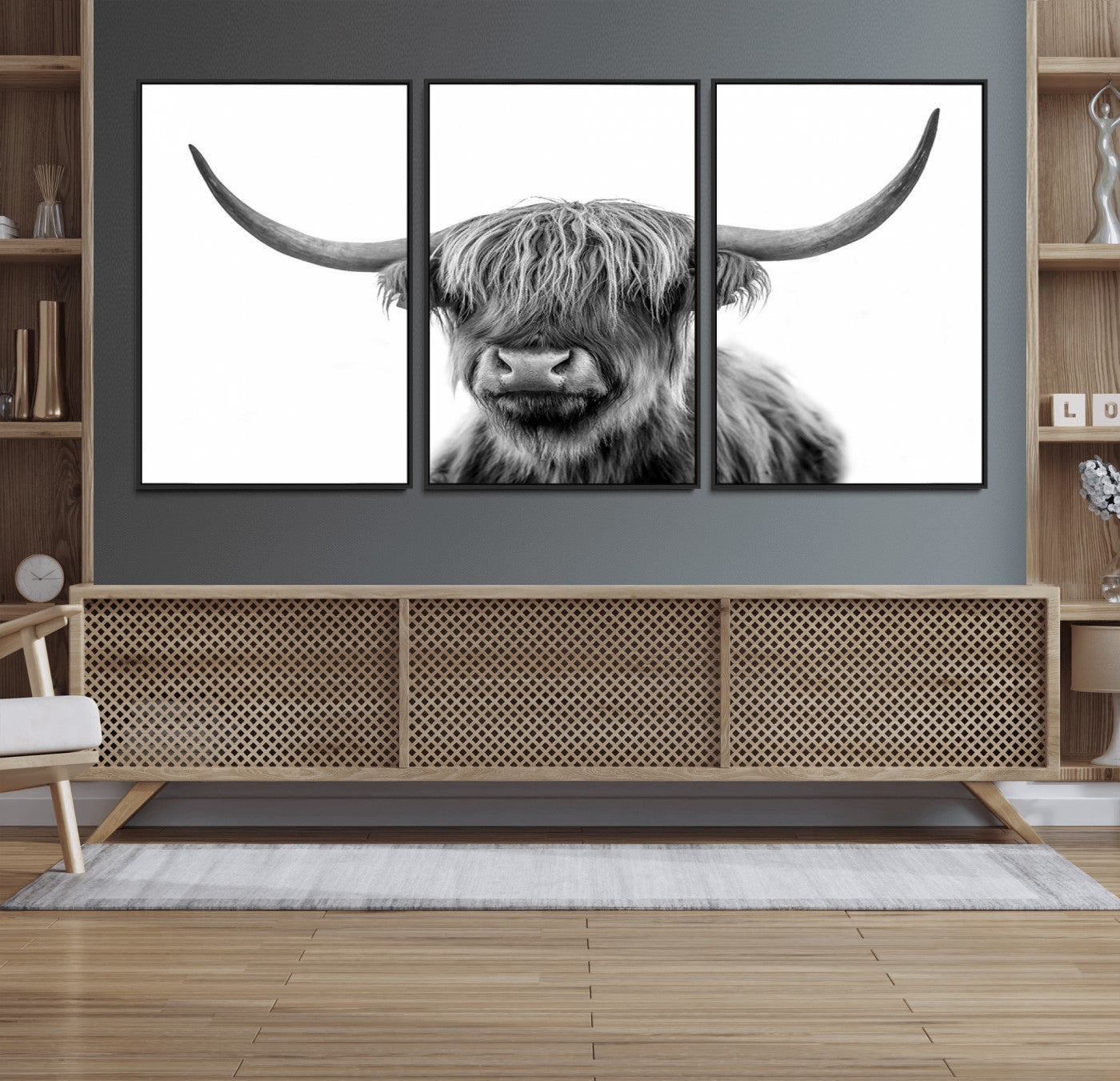 58935-MGV-FC-60X30-3P_Black-Grayscale Scottish Highland Cow Cattle Art Print Farmhouse Wall Art Canvas Print