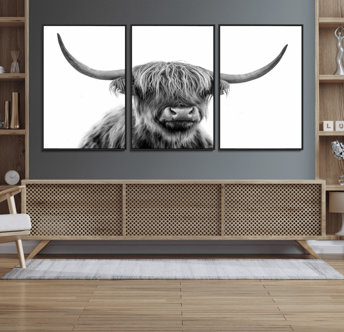 75503-MGV-FC-60X30-3P_Black-Scottish Highland Cow Cattle Art Print Wall Art Canvas Print for Farmhouse Decor, Framed Scottish