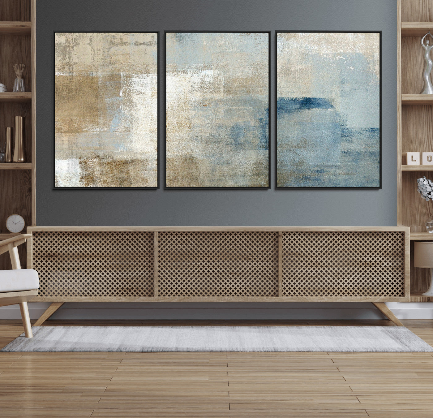 MGV-FC-60X30-3P - Abstract Blue and Beige Wall Art, Modern Minimalist Canvas Print Set, Giclee Textured Art, Large