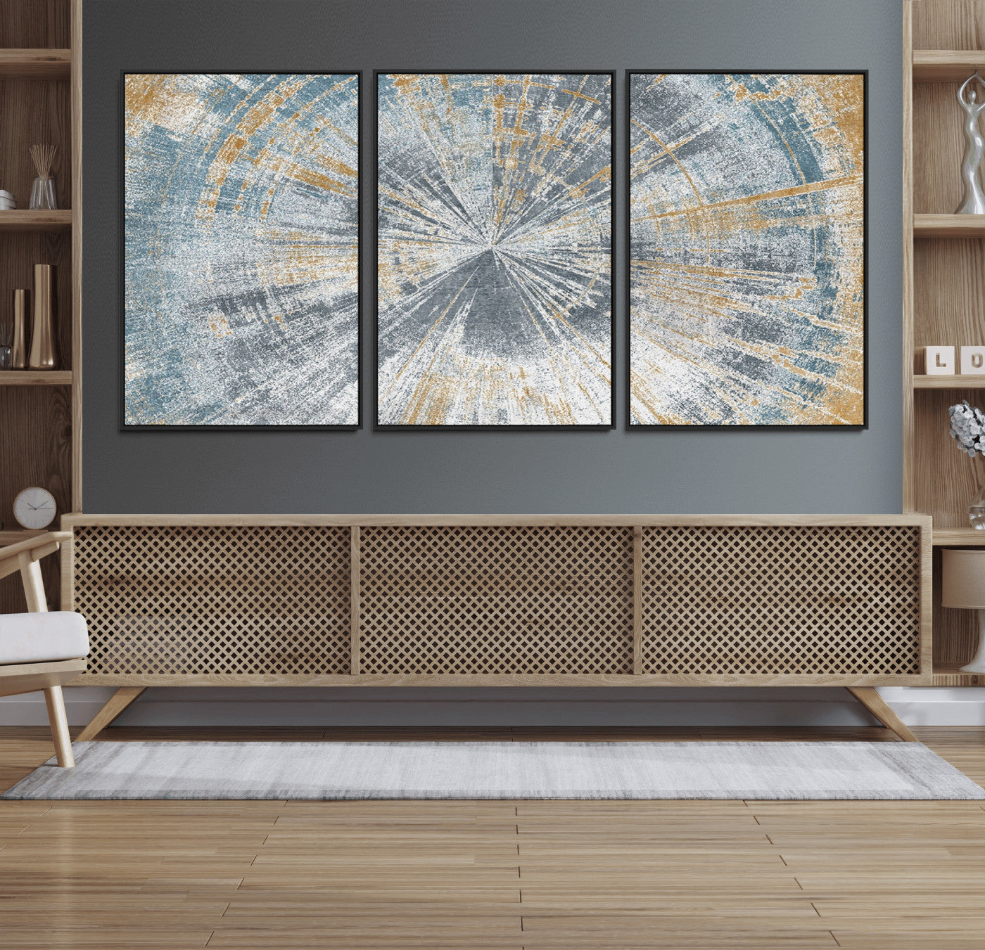 MGV-FC-60X30-3P - Radiant Abstract Wood Rings Canvas Art – Modern Triptych Wall Decor for Living Room or Farmhouse Decor