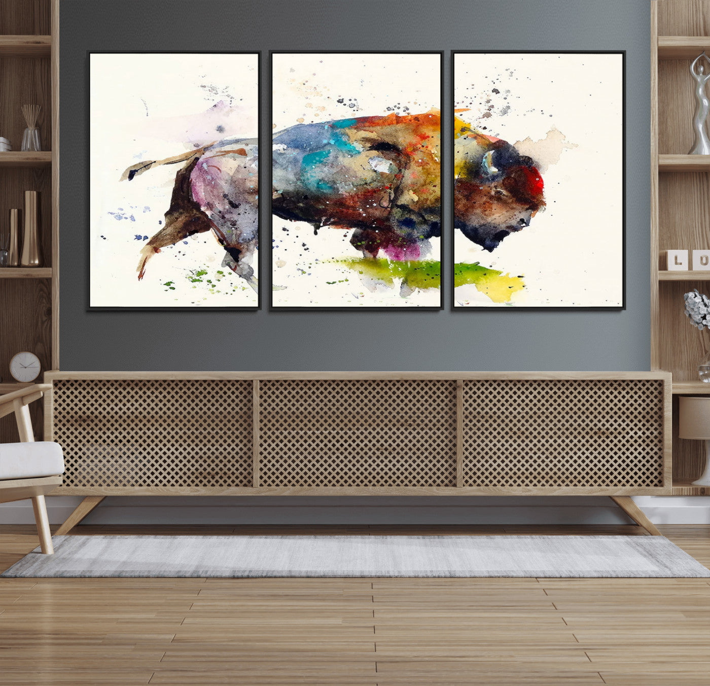 MGV-FC-60X30-3P - Abstract Buffalo Wall Art, Western Watercolor Bison Canvas Print, Rustic Buffalo Art for Cowboy and Western Decor, Large Multi-Panel Giclee Canvas