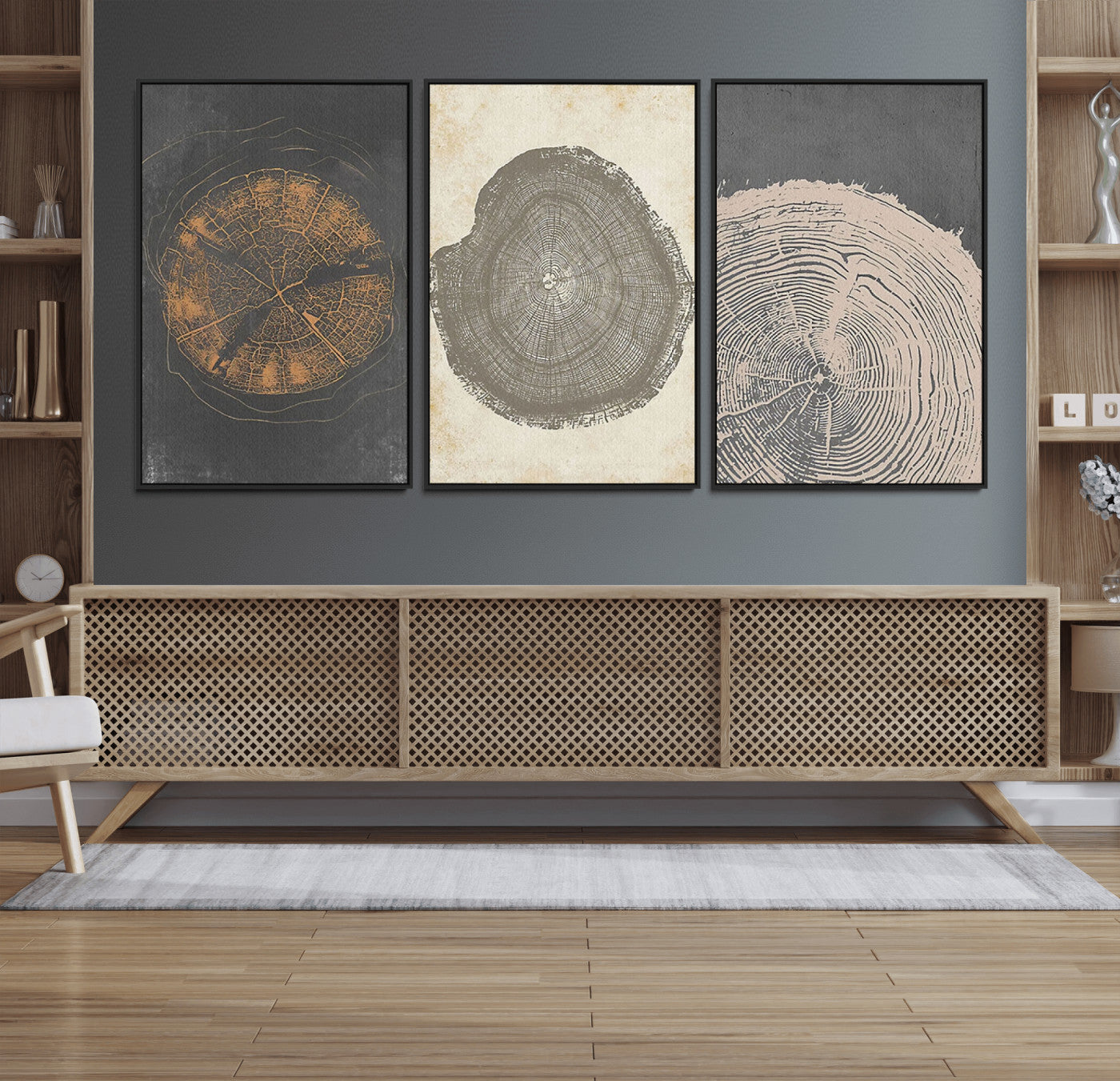 MGV-FC-60X30-3P - Boho Tree Ring Wall Art, Modern Minimalist Wood Grain Canvas, Tree Slice for Rustic Decor, Farmhouse