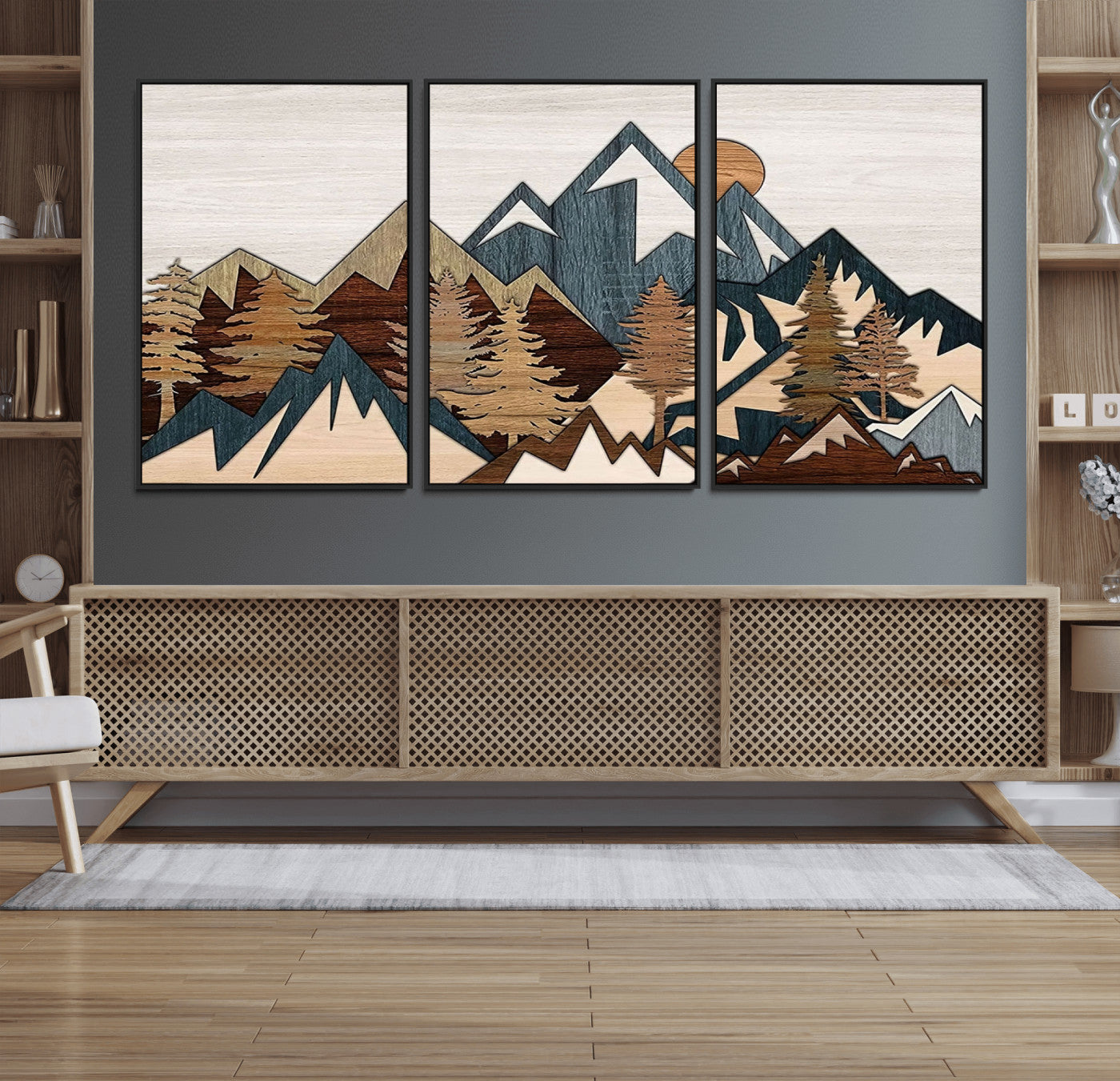 67950-MGV-FC-60X30-3P_Black-Woodland Mountain Landscape Triptych, Giclee Canvas Art for Modern Home, Rustic Wooden Nature Wall