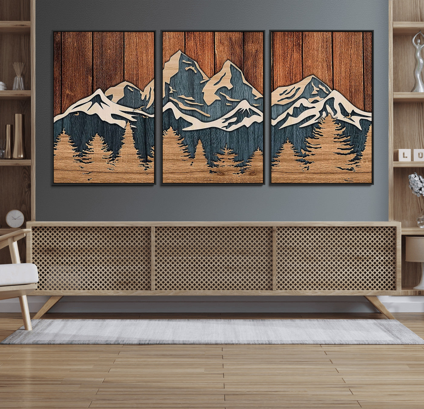 MGV-FC-60X30-3P - Rustic Wood Style Mountain Wall Art, Nature Forest Canvas Print, Wooden Textured Mountain Artwork, Handcrafted Landscape Decor for Farmhouse Decor