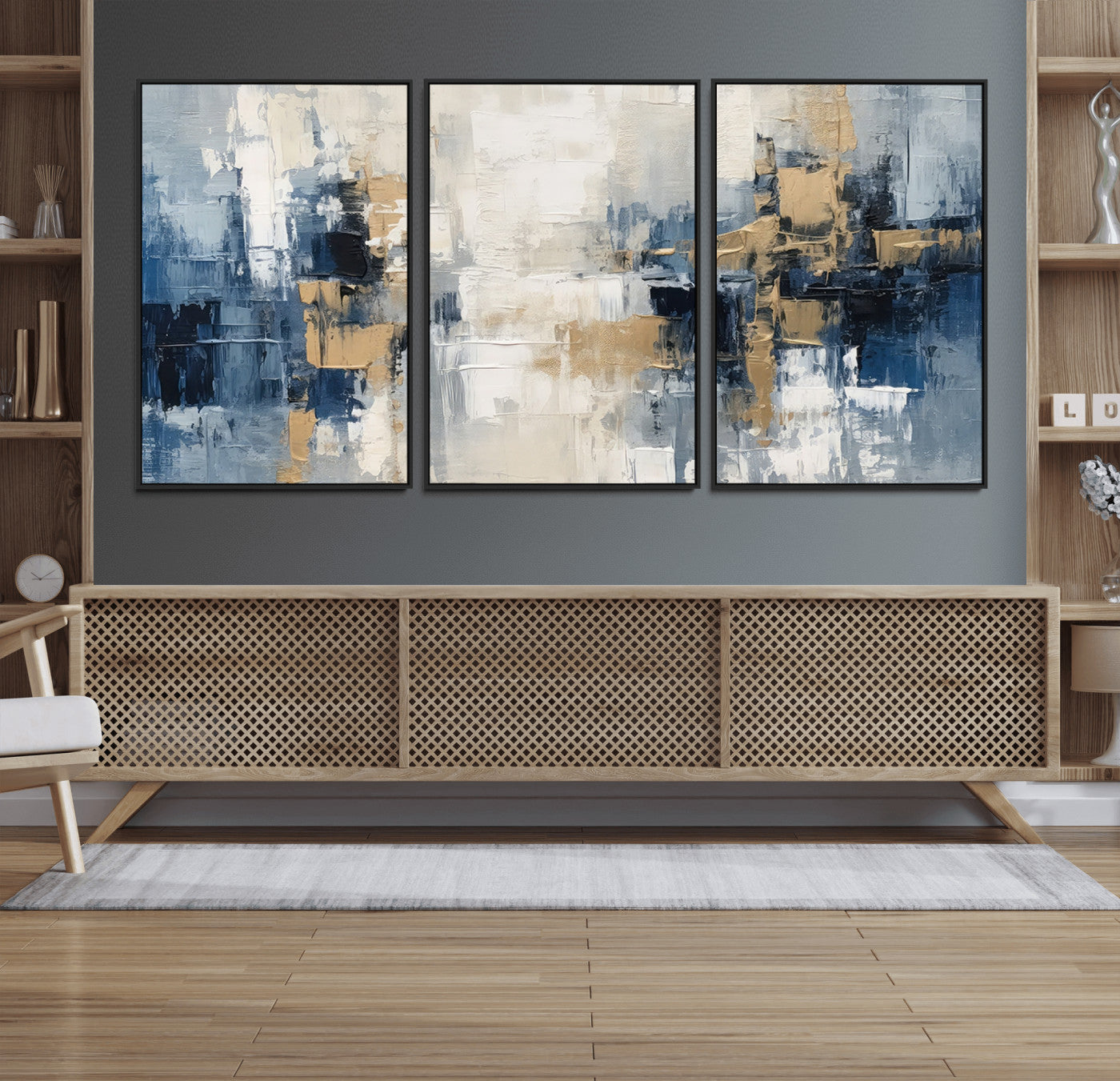 MGV-FC-60X30-3P - Modern Abstract Canvas Wall Art in Blue and Gold Tones | Large Contemporary Art for Living Room, Office, or Bedroom Décor