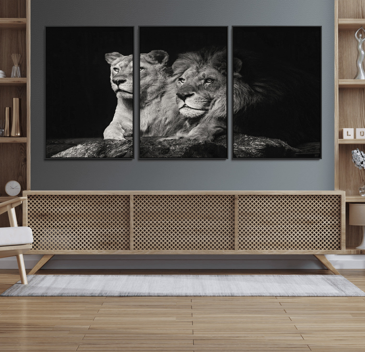 80013-MGV-FC-60X30-3P_Black-Lion Couple Wall Art Canvas Print – Elegant Black and White Wildlife Portrait Lion Family Artwork for Home, Office