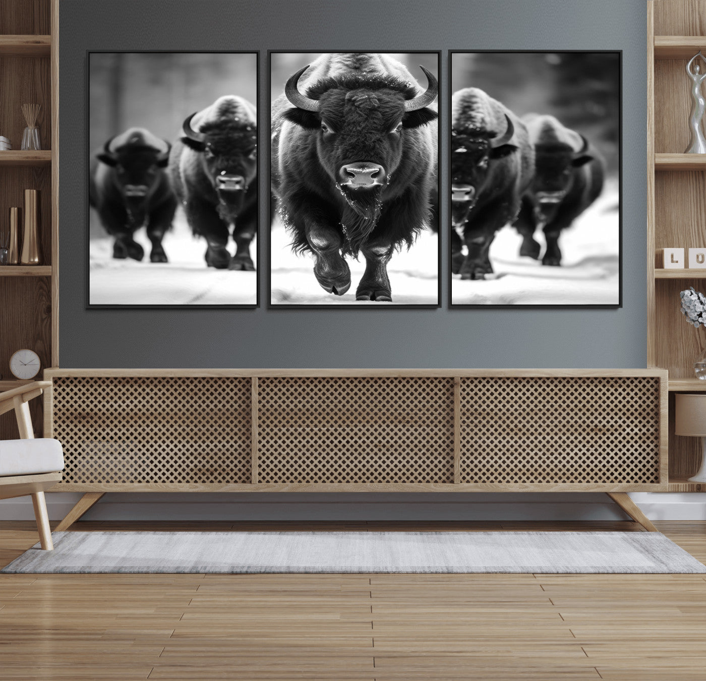 MGV-FC-60X30-3P - American Bison Art | Buffalo Herd Wall Art Canvas Print, BW American Bison Herd Wall Art Canvas