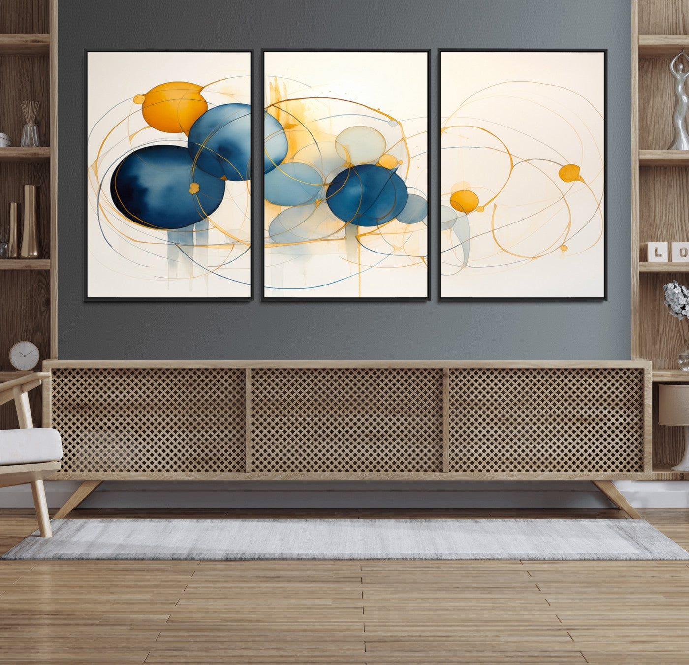 -Geometric Blue Orange Abstract Wall Art Canvas, Geometric Blue Orange Canvas Print