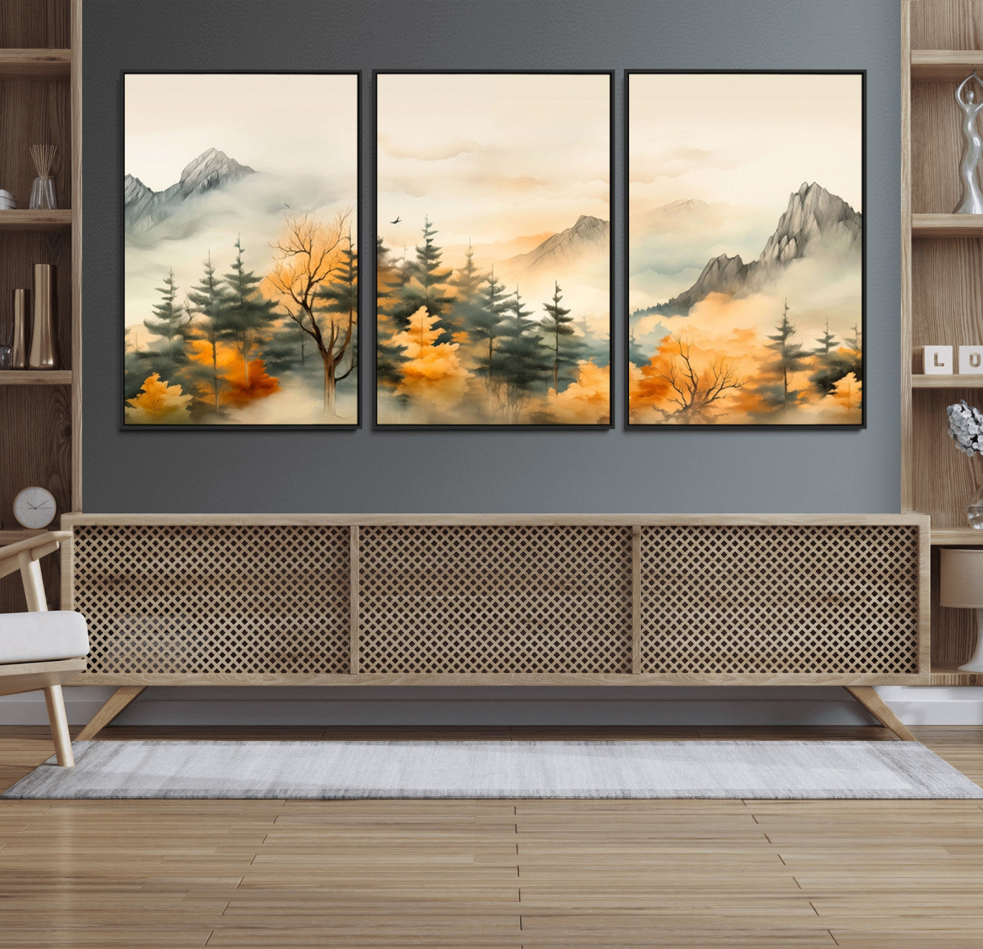 79192-MGV-FC-60X30-3P_Black-Abstract Watercolor Mountains and Trees Autumn Art, Watercolor Mountains and Trees Canvas Print