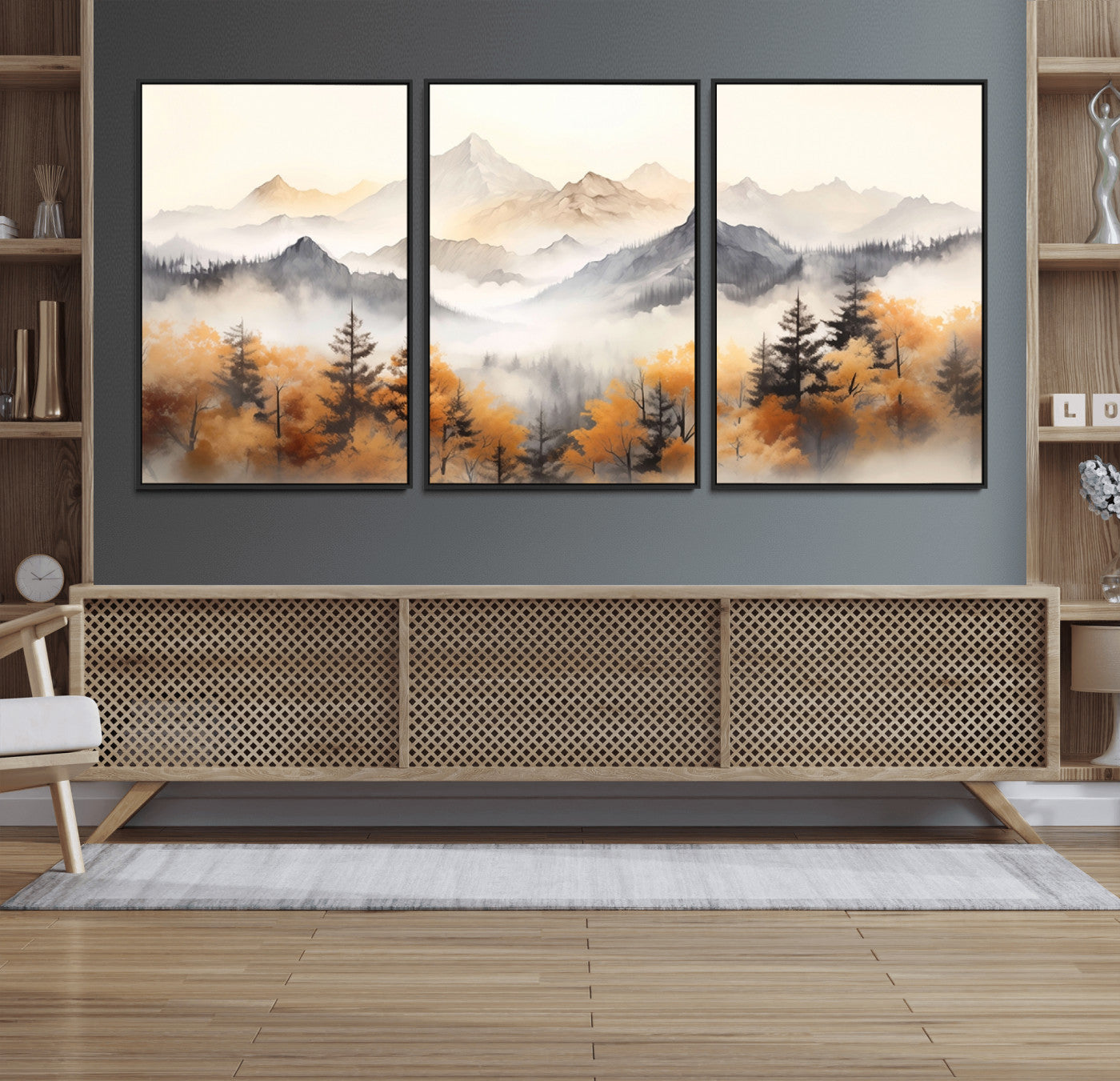 MGV-FC-60X30-3P - Mountain and Forest Landscape Wall Art | Misty Autumn Forest and Mountains Canvas Print for Living Room, Bedroom, Office | Large Wall Art Decor