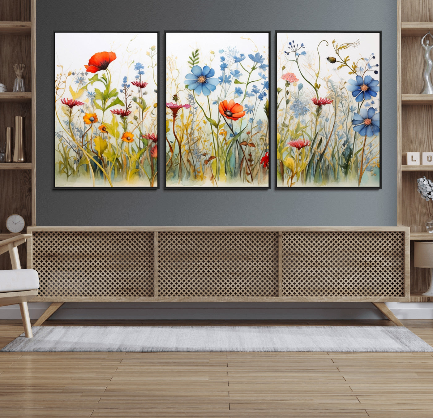 MGV-FC-60X30-3P - Colorful Wildflower Canvas Wall Art - Vibrant Floral Botanical Print, Bright Nature Decor for Living Room, Large 3 Panel Set, Ready to Hang