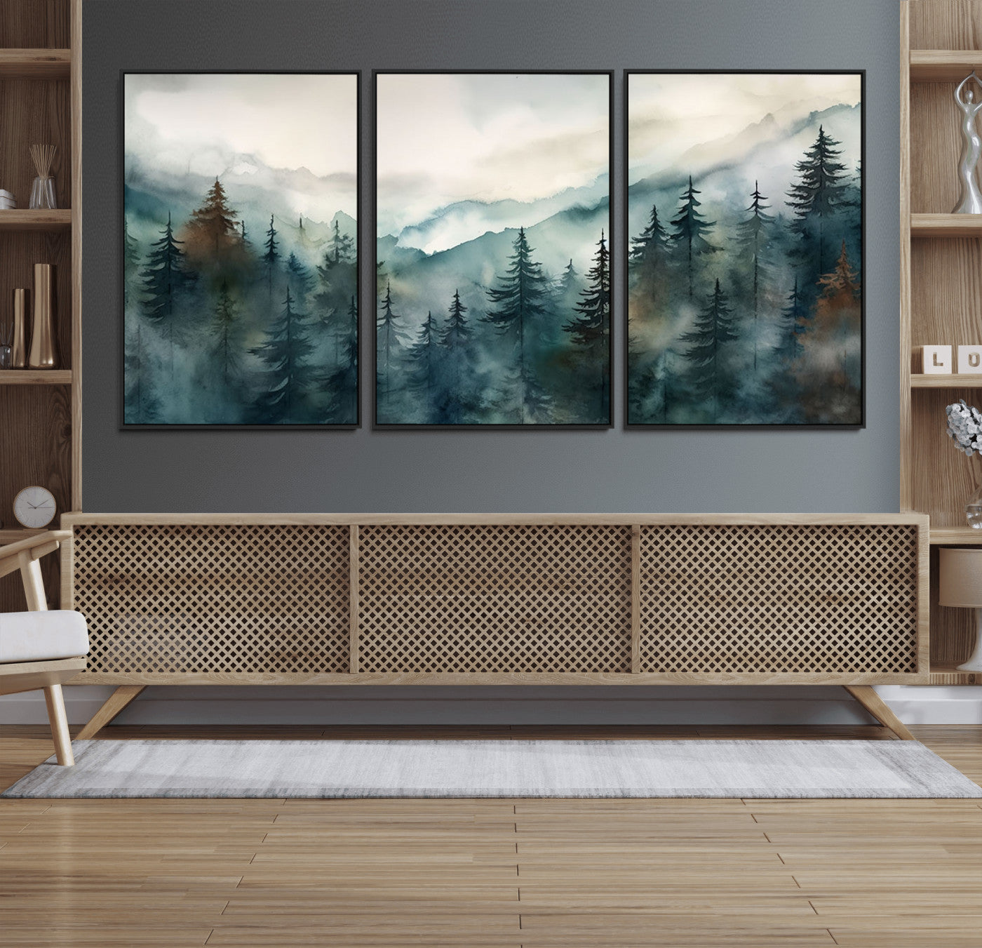 MGV-FC-60X30-3P - Serenity Forest Wall Art Canvas | Foggy Mountain Landscape Canvas Print for Living Room or Office | Nature-Inspired Woodland Decor