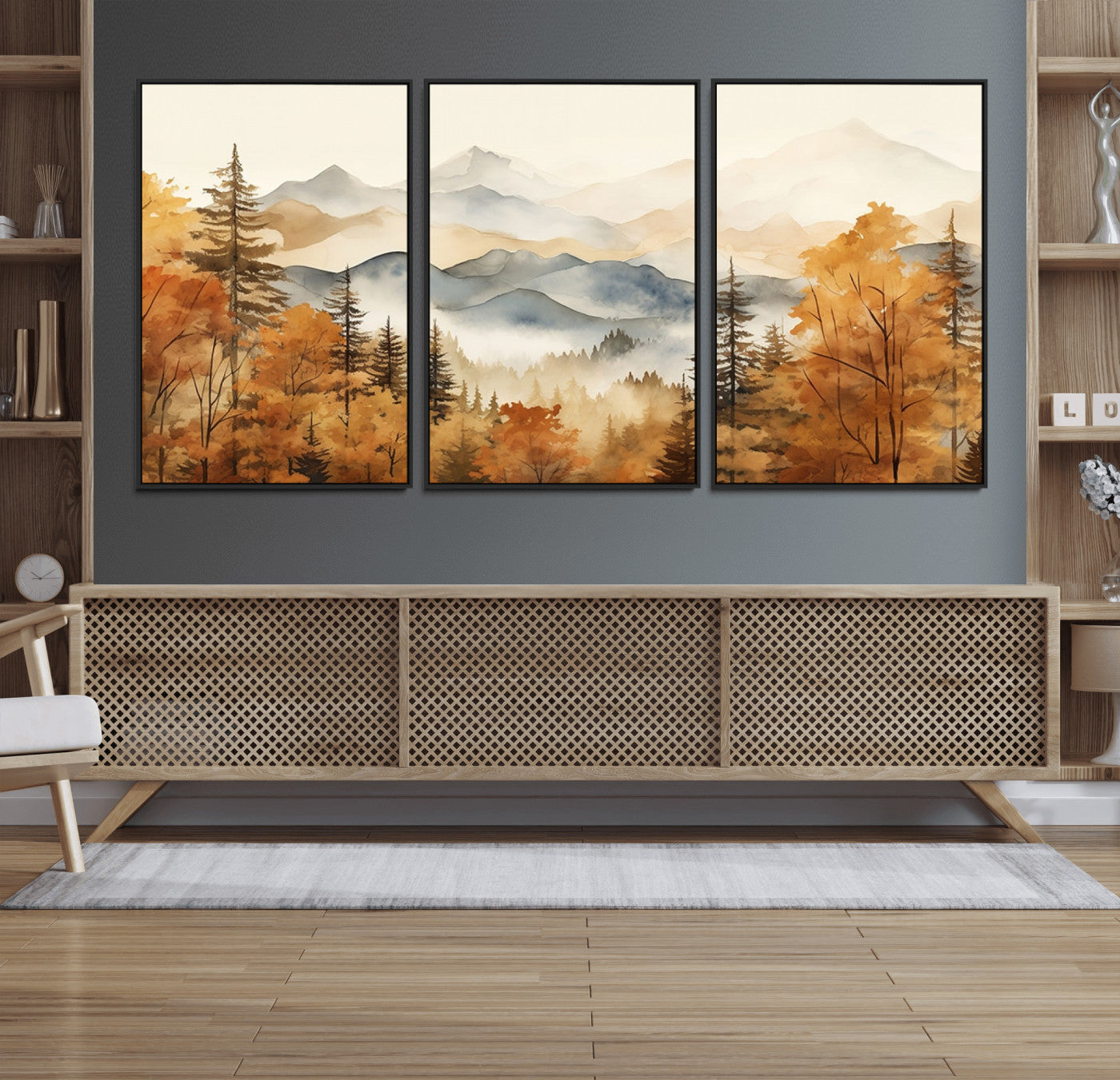 MGV-FC-60X30-3P - Golden Autumn Forest Wall Art | Mountain Landscape Canvas Print for Living Room or Bedroom | Large Wall Decor with Nature-Inspired Design