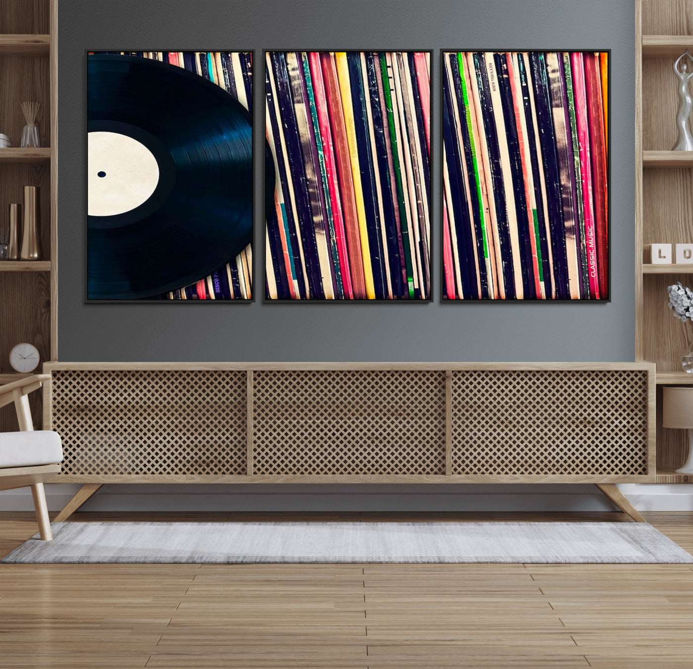 45029-MGV-FC-60X30-3P_Black-Vinyl Record and Album Collection Canvas Wall Art - Retro Music Decor, Vintage Vinyl, Vinyl Record