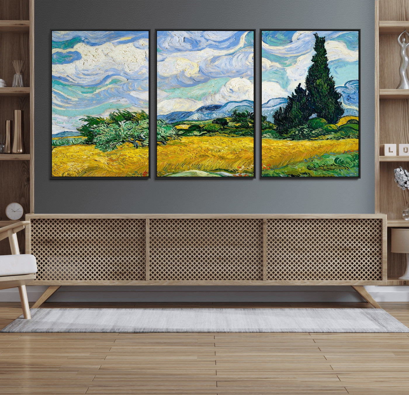 97252-MGV-FC-60X30-3P_Black-Wheatfield With Cypresses By Van Gogh Painting Wall Art Canvas, Wheatfield With Cypresses Canvas