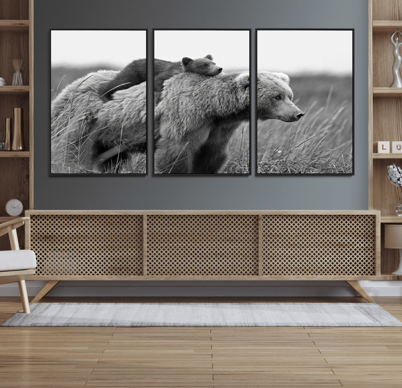 76338-MGV-FC-60X30-3P_Black-Bear and Cub Wall Art Canvas | 399 Bear Cub Wildlife-Inspired Animal Art for Living Room or Office |