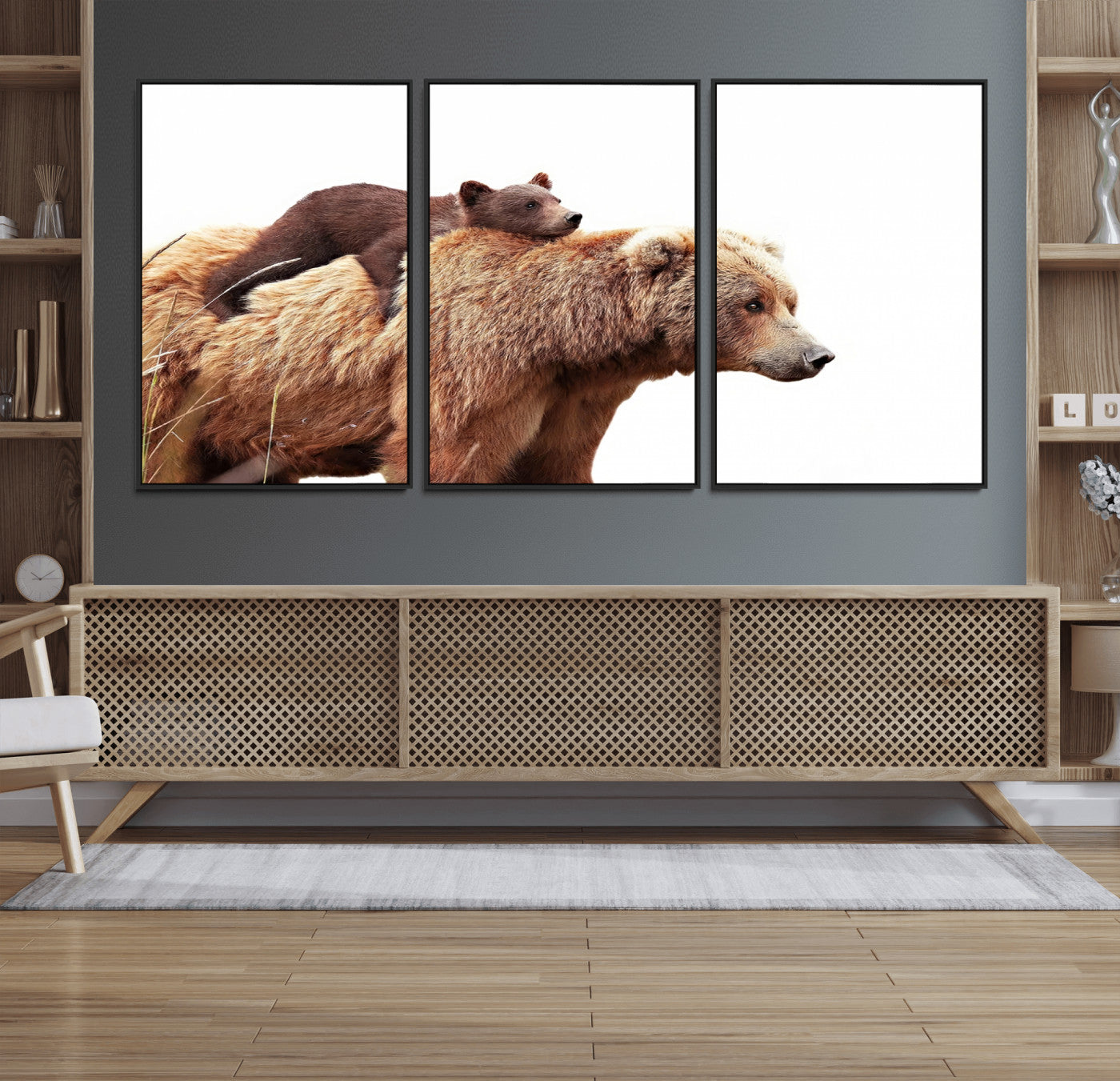 MGV-FC-60X30-3P - Mother and Baby Bear Canvas Wall Art - Adorable Wildlife Animal Print, Cozy Rustic Decor for Living Room,