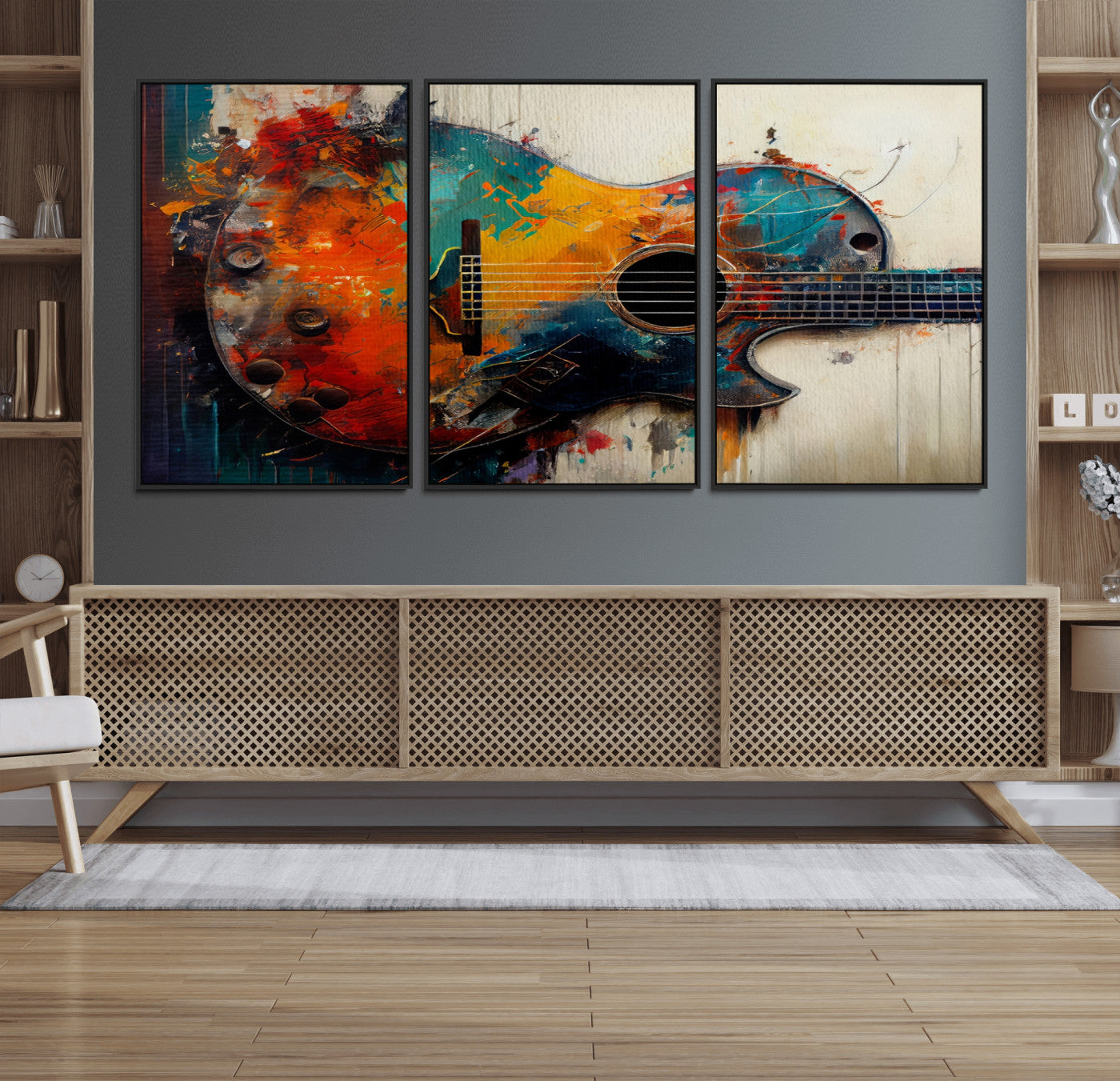 MGV-FC-60X30-3P - Abstract Guitar Wall Art Canvas | Vibrant Music-Inspired Art for Living Room or Studio | Colorful Music Decor Canvas Print