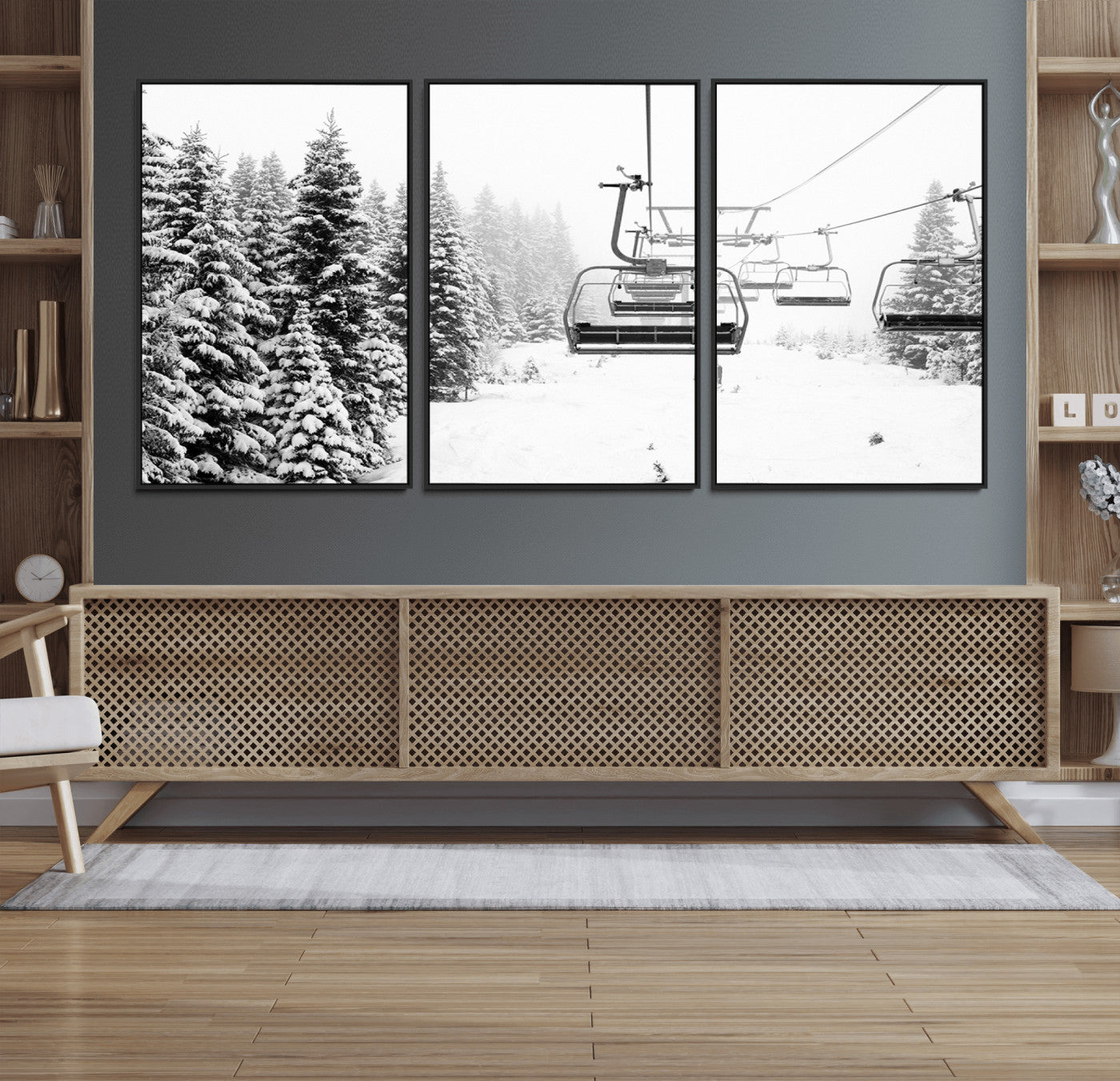70609-MGV-FC-60X30-3P_Black-Winter Forest Wall Art Canvas Print – Framed Snowy Mountain Scene with Ski Lift Landscape Artwork for Home, Office Decor
