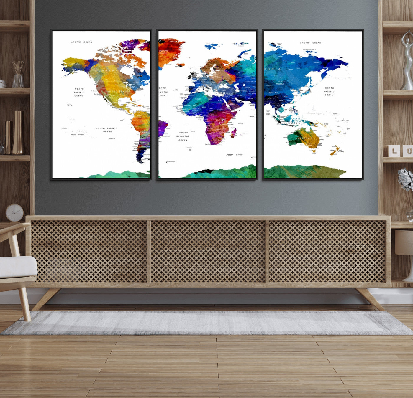 48979-MGV-FC-60X30-3P_Black-Colorful Watercolor World Map Canvas Print – Vibrant Framed Travel Map Wall Art, Modern Decor for Living Room or Office