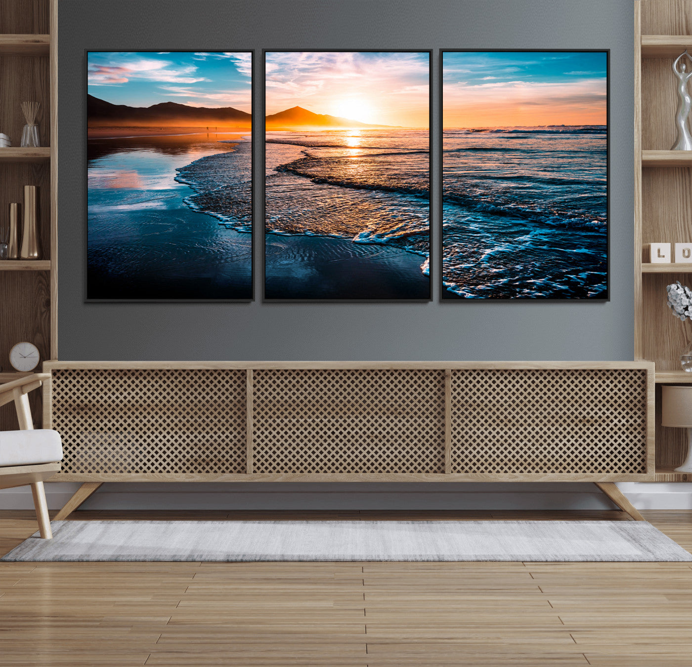 26494-MGV-FC-60X30-3P_Black-Sunset Beach Ocean Canvas Wall Art – Tranquil Ocean Reflections at Dusk – Ready to Hang