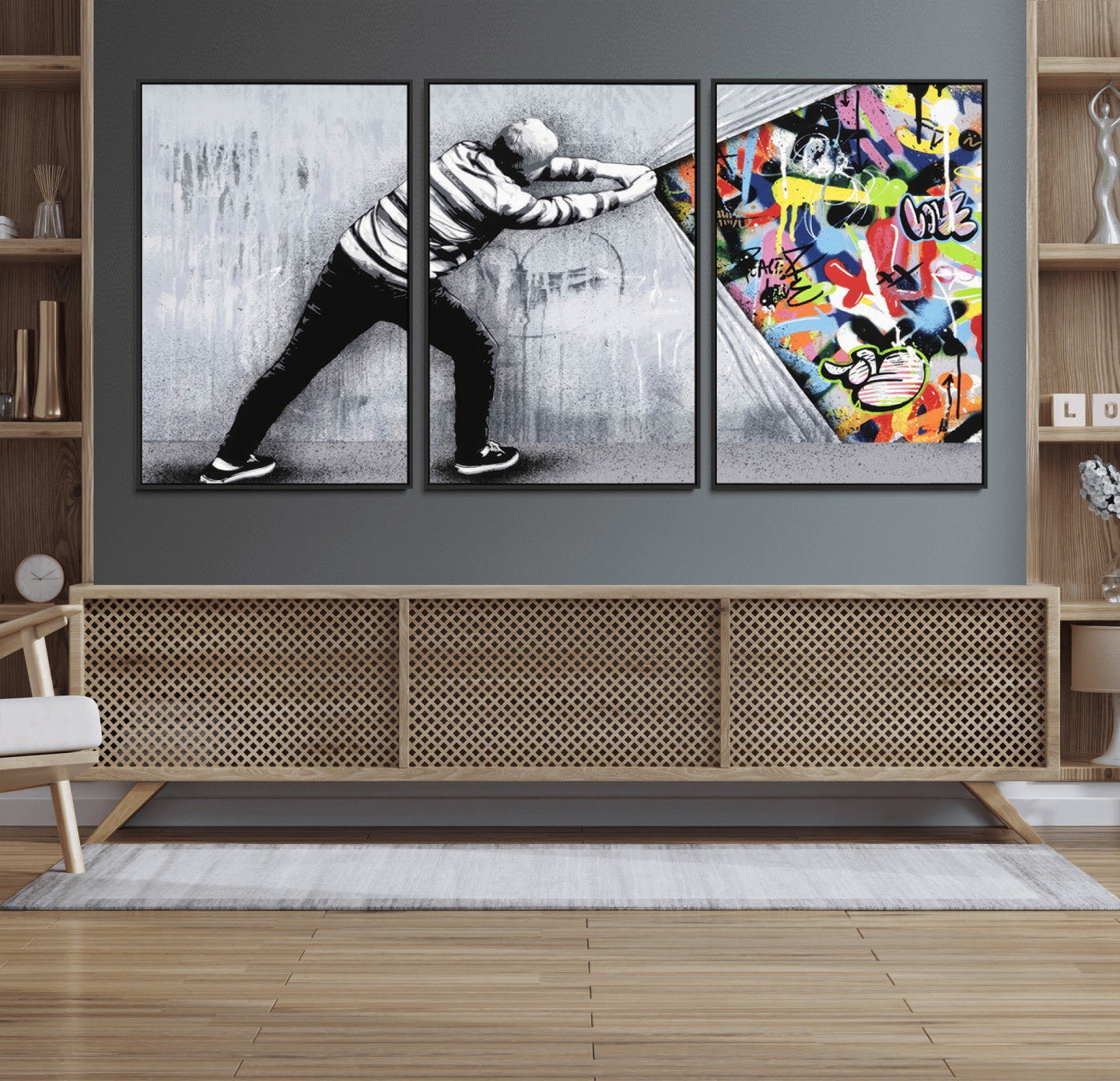 52252-MGV-FC-60X30-3P_Black-Banksy Art Behind the Curtain Street Wall Art Canvas Print | 3-Panel Urban Graffiti-Inspired Wall