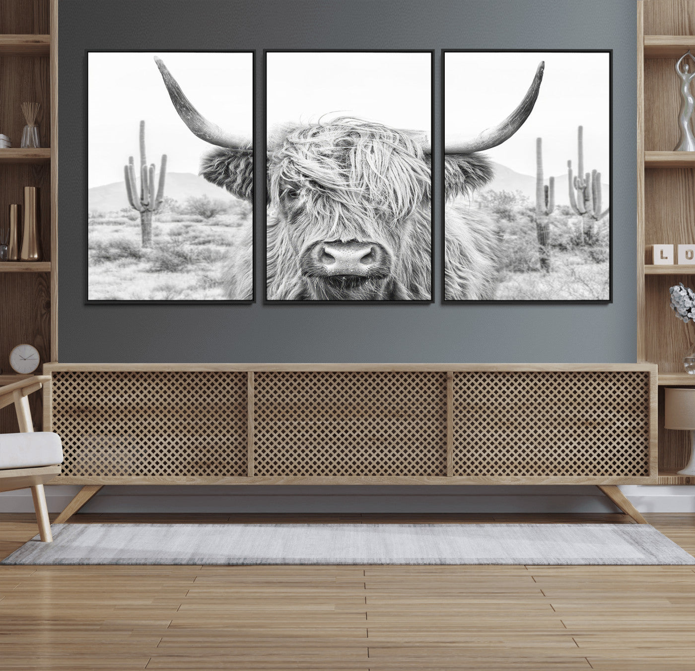 94579-MGV-FC-60X30-3P_Black-Rustic Charm | Cow Longhorn Black White Bighorn Wall Art Canvas Print | Farmhouse Wall Art