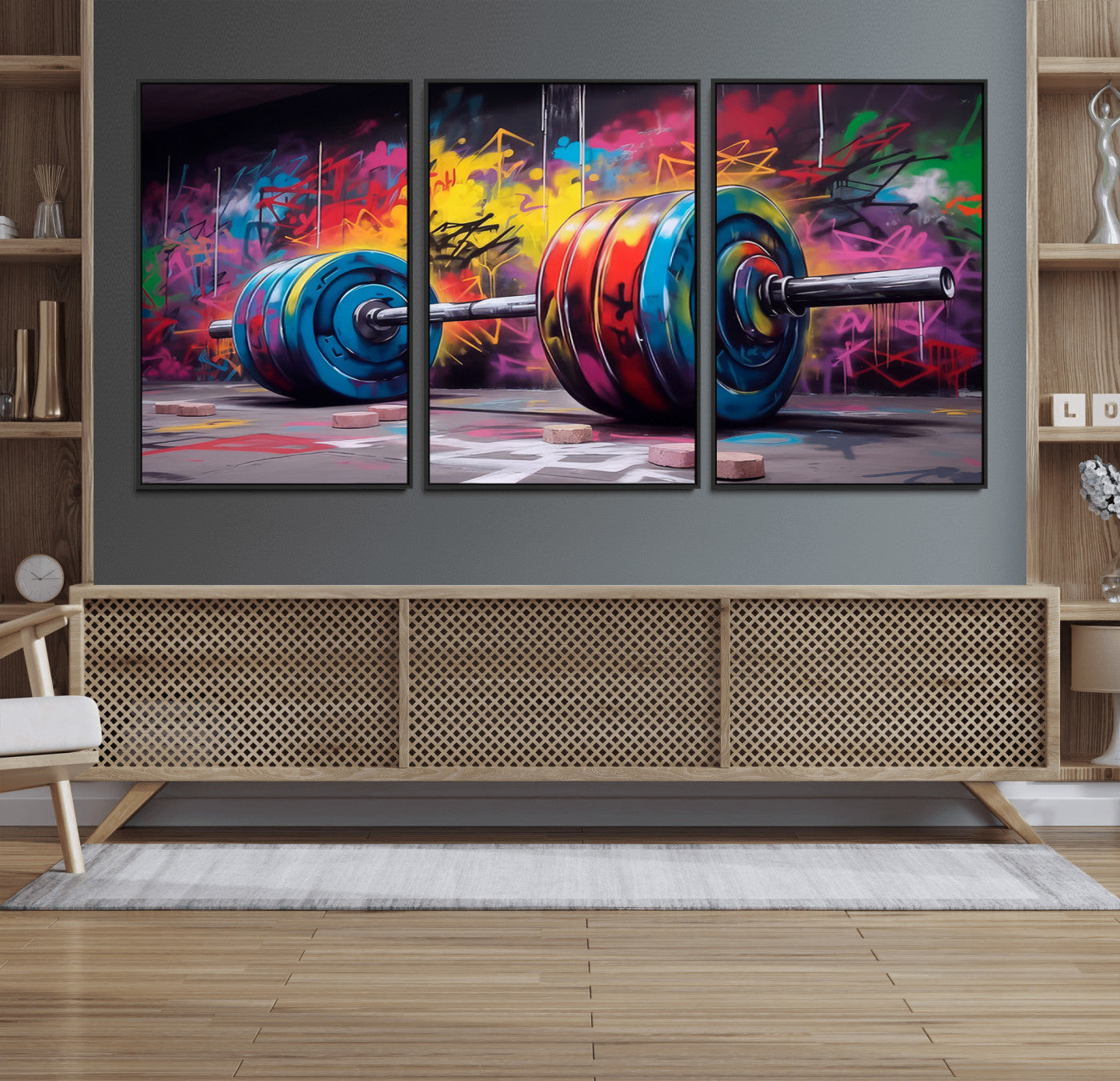 13549-MGV-FC-60X30-3P_Black-Abstract Graffiti Barbell Canvas Wall Art – Urban Fitness Meets Bold Street Art Print - Gym Wall Art