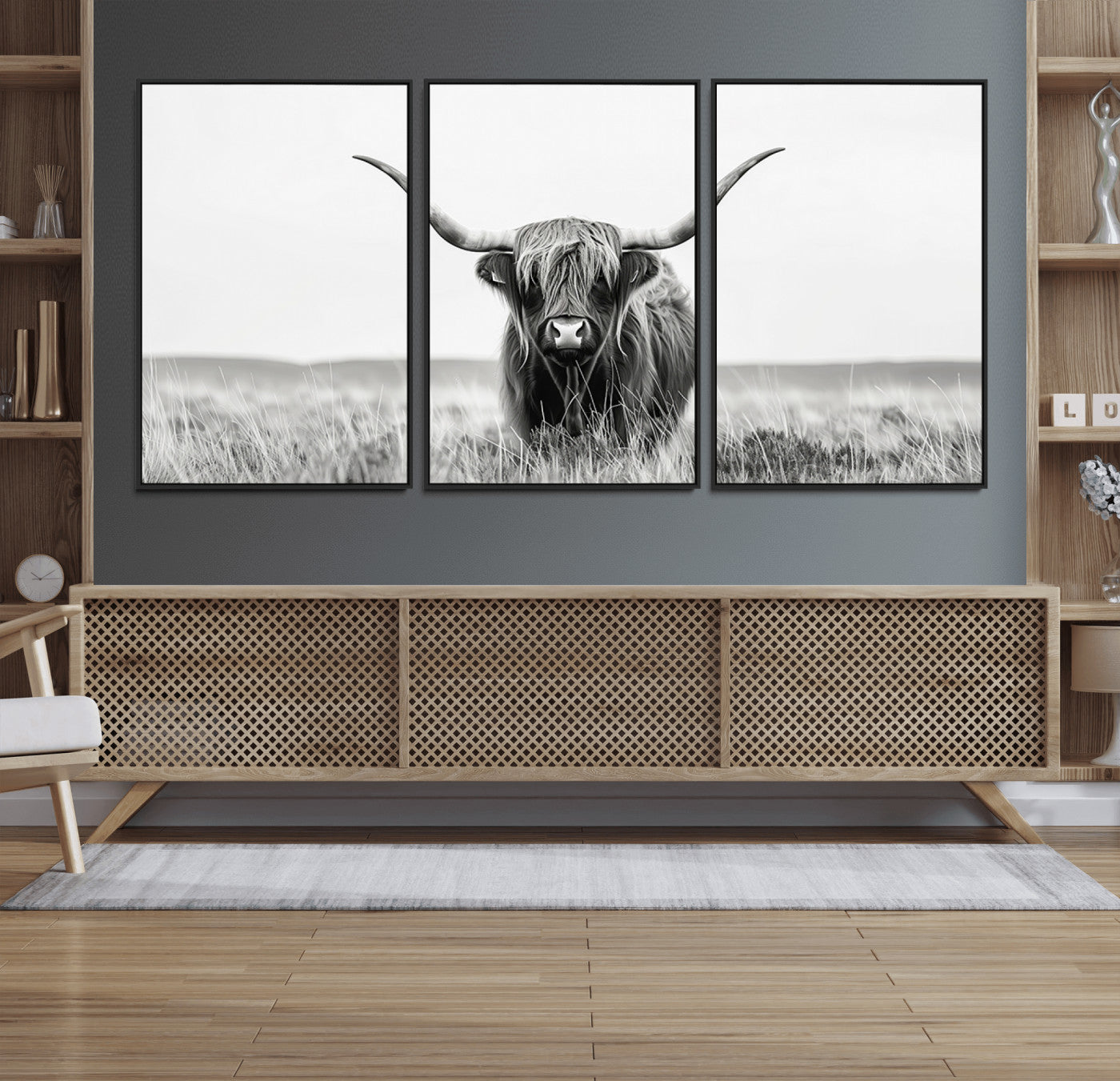 58751-MGV-FC-60X30-3P_Black-Highland Cow Canvas Wall Art – Majestic Beauty in Black and White
