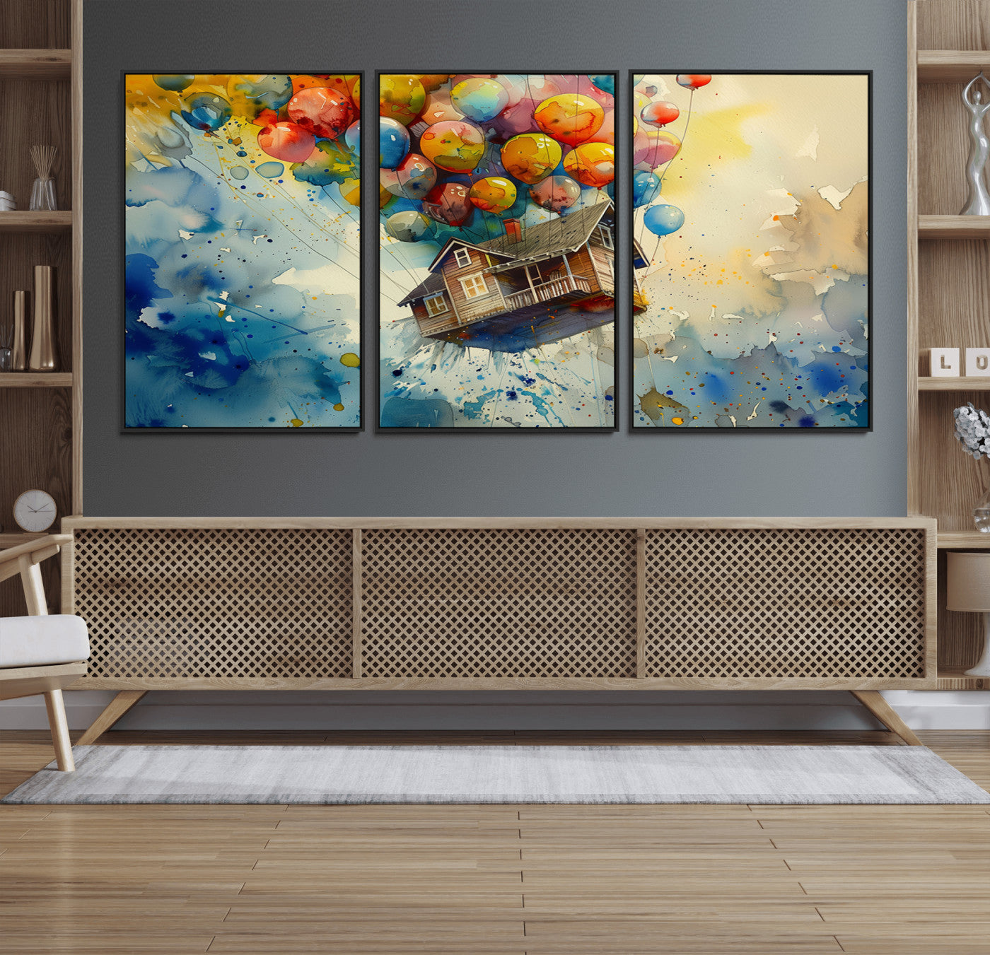 77149-MGV-CV-36X24-UP-Inspired Floating House with Balloons Canvas Art – Colorful 3-Panel Wall Decor for Living Room,