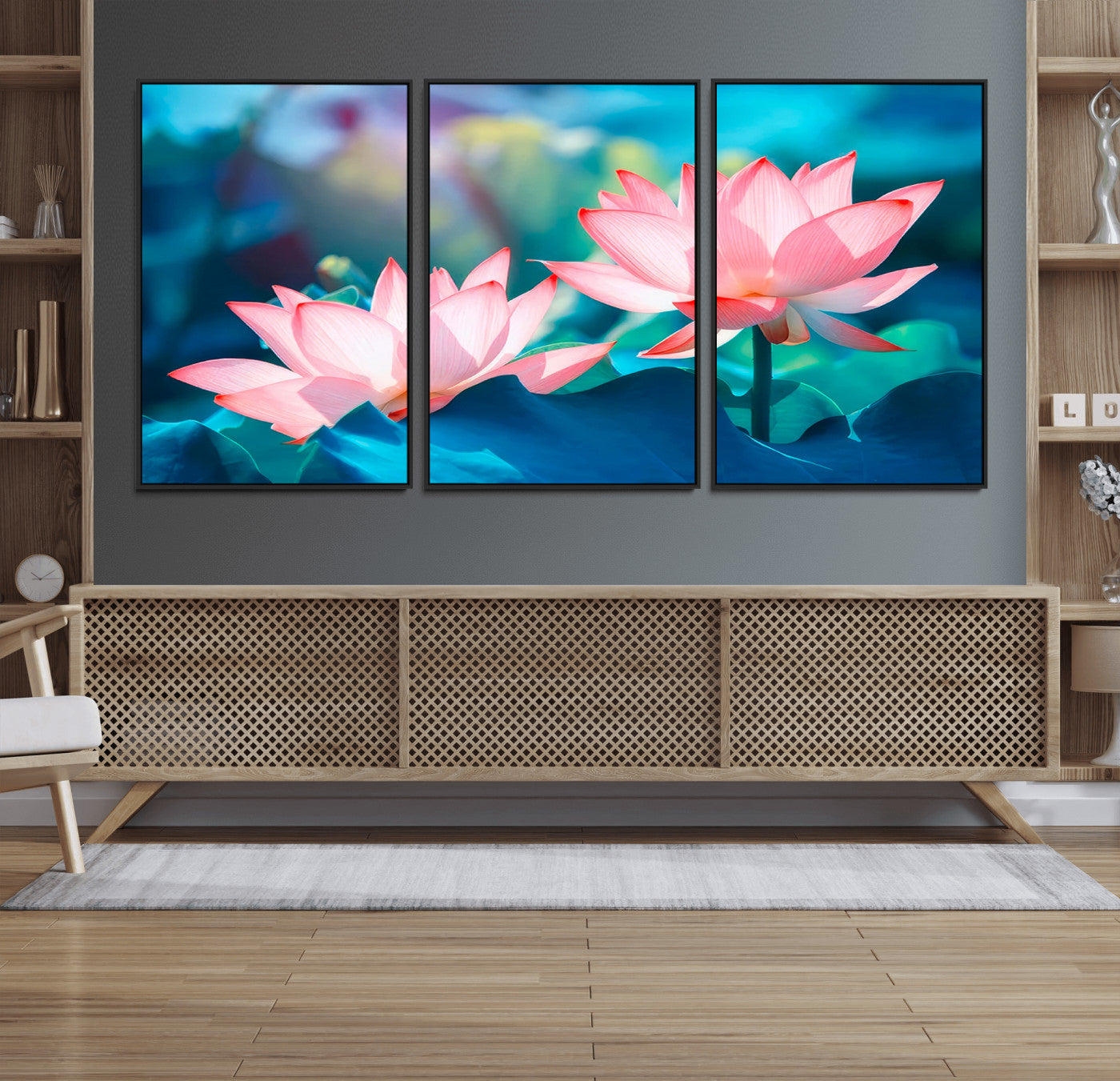 32559-MGV-FC-60X30-3P_Black-Pink Lotus Flower Canvas Wall Art | Vibrant Floral Wall Decor for Living Room, Office, or Bedroom |