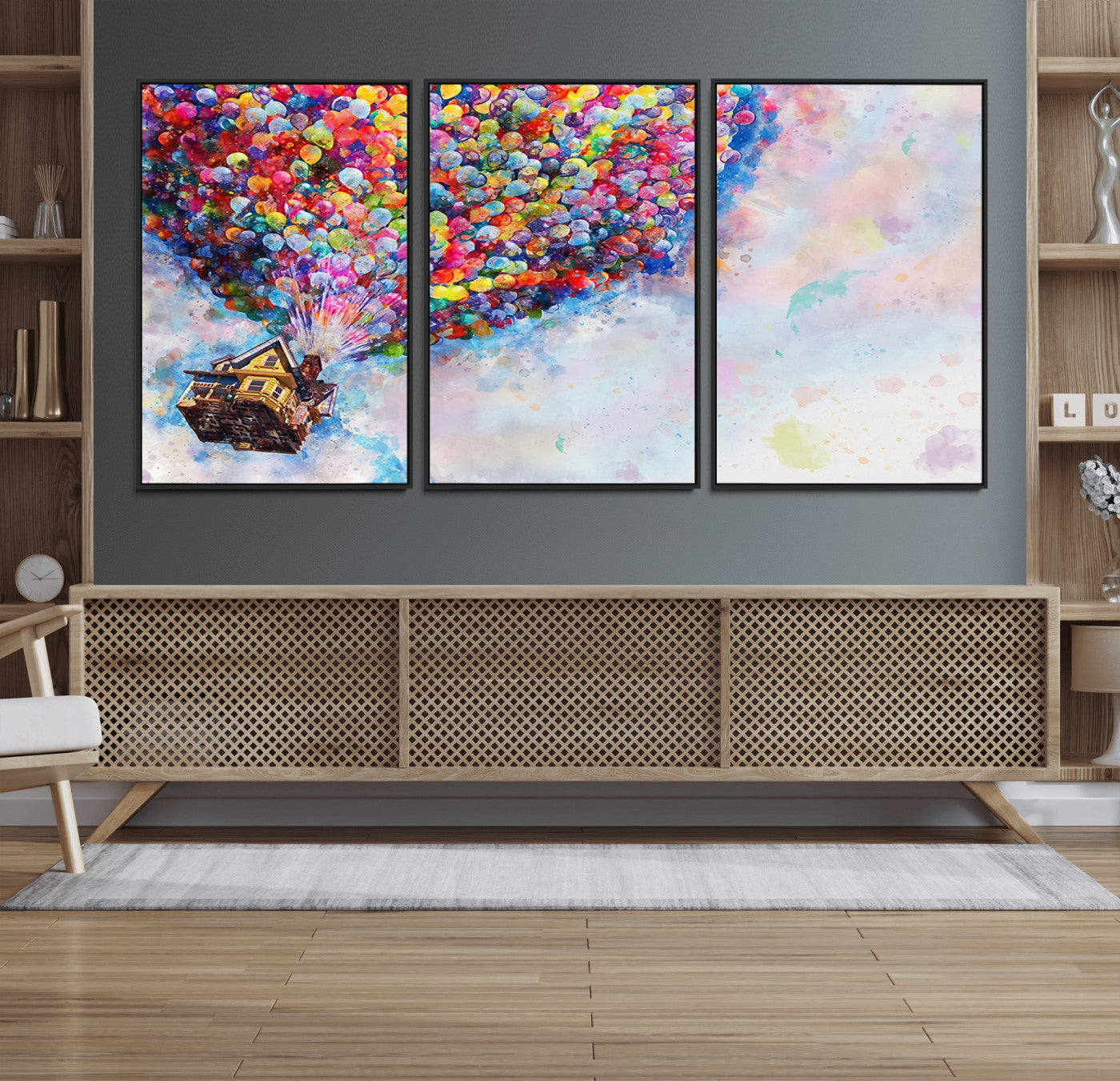 29167-MGV-FC-60X30-3P_Black-Don't Look Up Movie Canvas Wall Art - Vibrant Floating House and Balloons Scene, Tribute to Iconic