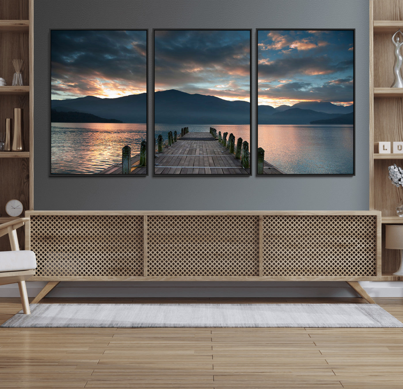20442-MGV-FC-60X30-3P_Black-Mountain Lake Wood Pier Canvas Wall Art Nature Lake Print