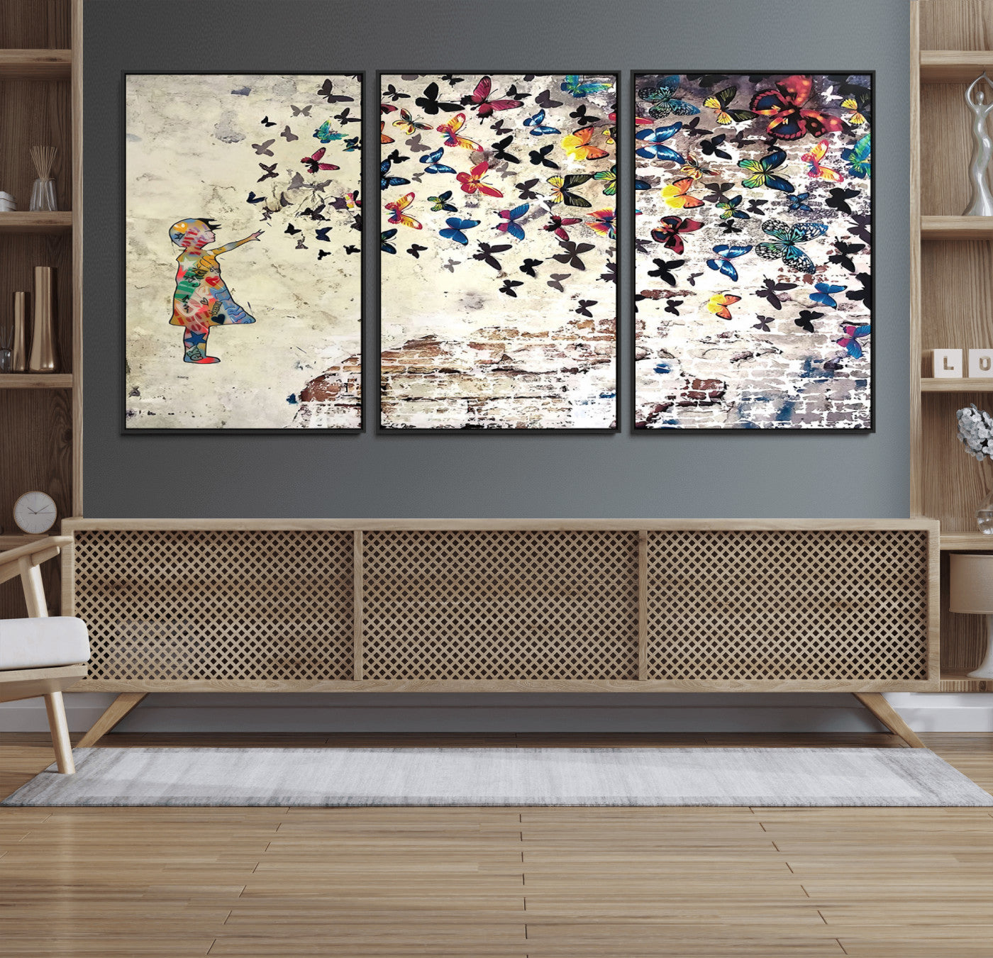 65208-MGV-FC-60X30-3P_Black-Banksy Wall Art - Banksy Girl Butterfly Graffiti Wall Art Canvas Print - Butterfly Girl and Freedom