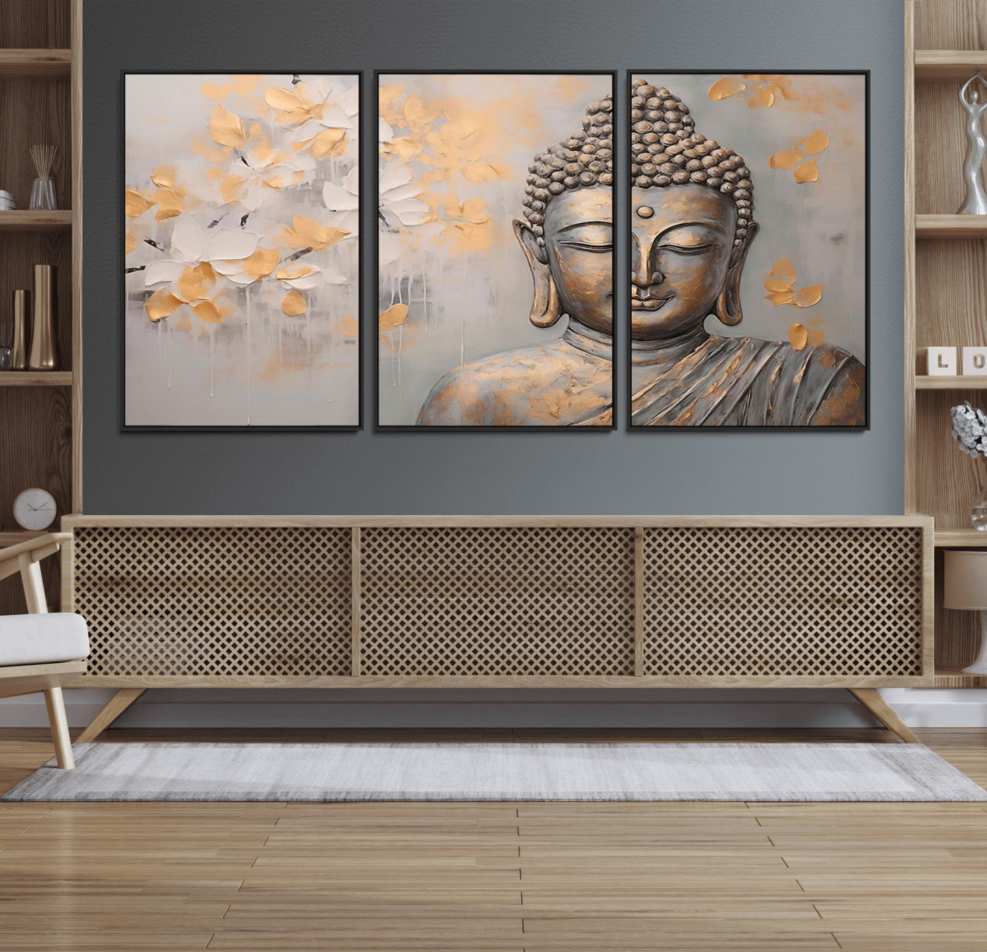 MGV-FC-60X30-3P - Abstract Buddha Statue Wall Art Canvas Print - Modern Meditation Decor for Living Room, Office, Yoga Studio Decor