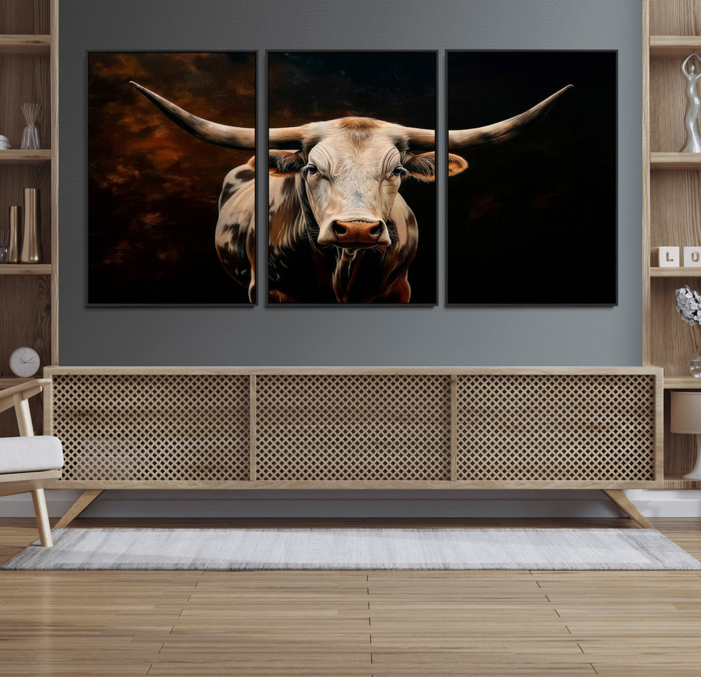 MGV-FC-60X30-3P - Texas Longhorn Wall Art | 3-Panel Large Texas Longhorn Canvas Print for Living Room, Office, or Farmhouse Decor | Framed Giclee Longhorn Wall Art