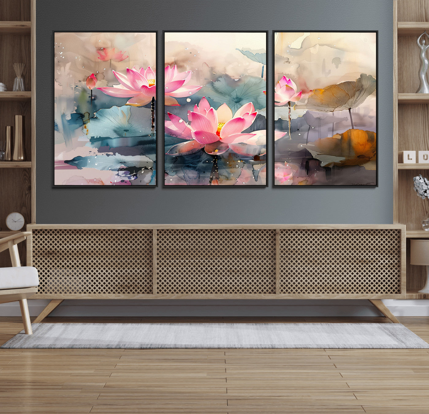 MGV-FC-60X30-3P - Lotus Flower Wall Art | 3-Panel Giclee Canvas Print of Pink Lotus Blossoms for Living Room, Bedroom, Office | Framed Lotus Floral Wall Art Decor Print