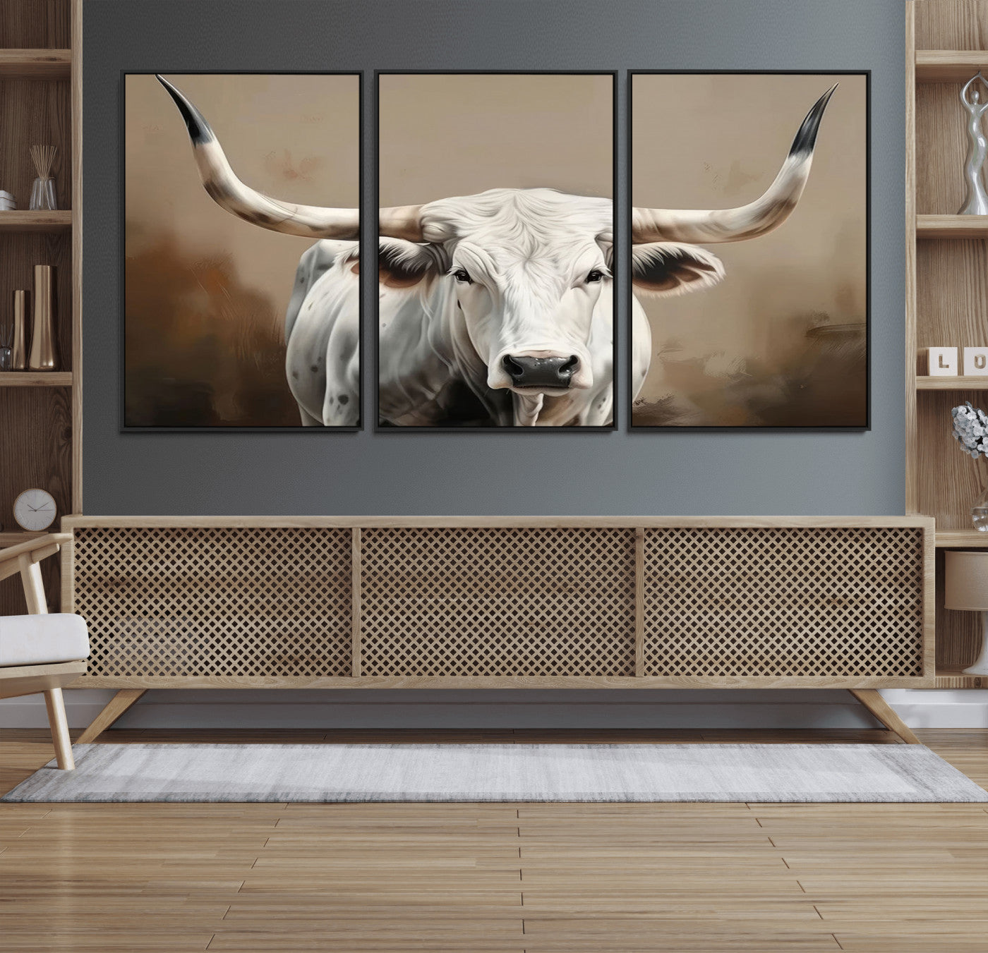 -White Longhorn Bull Wall Art Canvas Print – Framed and Ready to Hang – Perfect for Farmhouse and